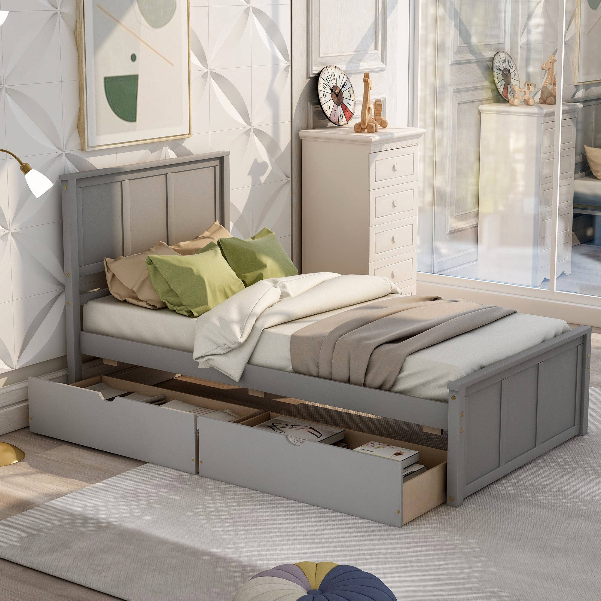 Twin Wood Frame Platform Bed with 2 Drawers