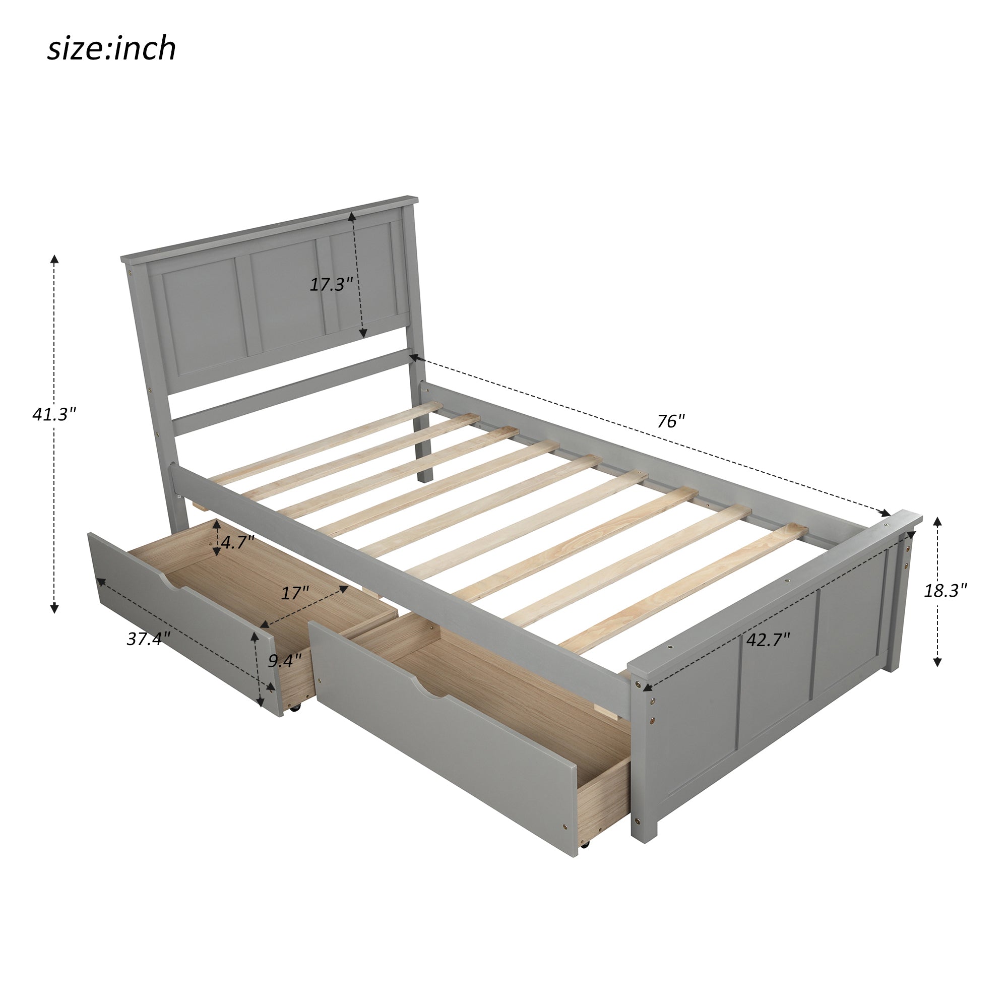 Twin Wood Frame Platform Bed with 2 Drawers