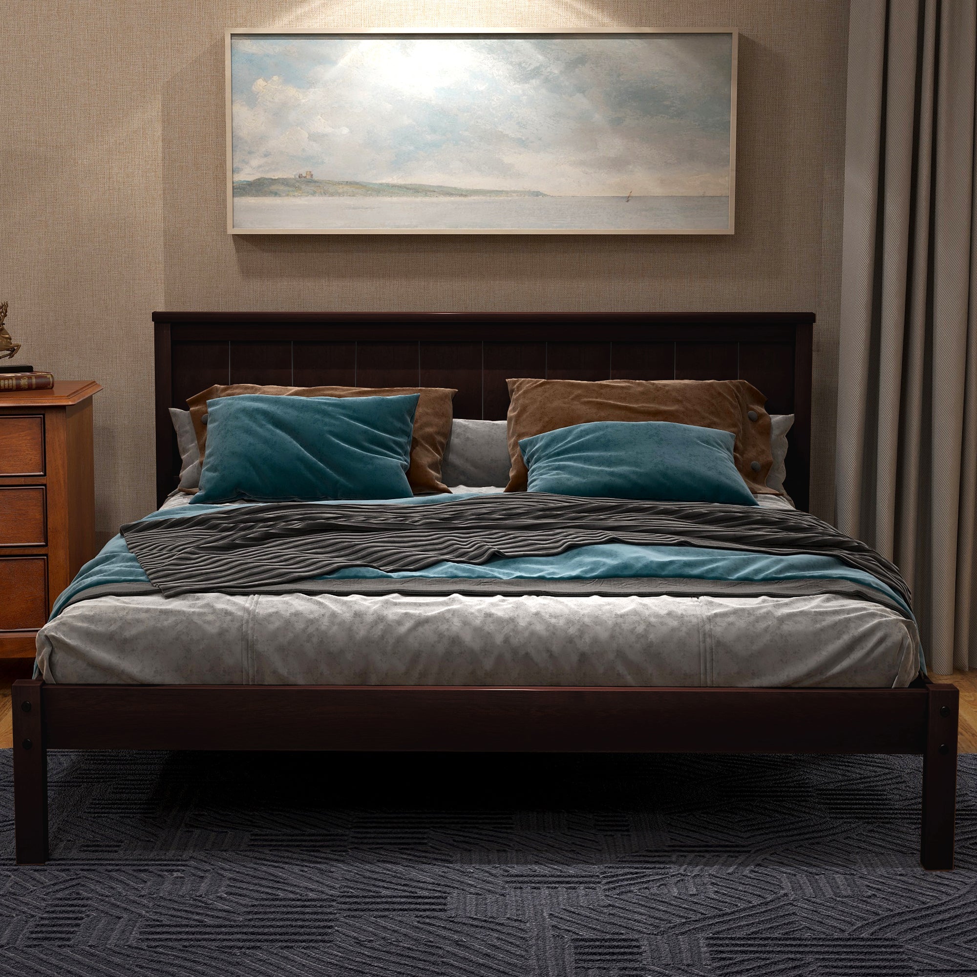 Twin/Full/Queen Wood Frame Platform Bed with Headboard
