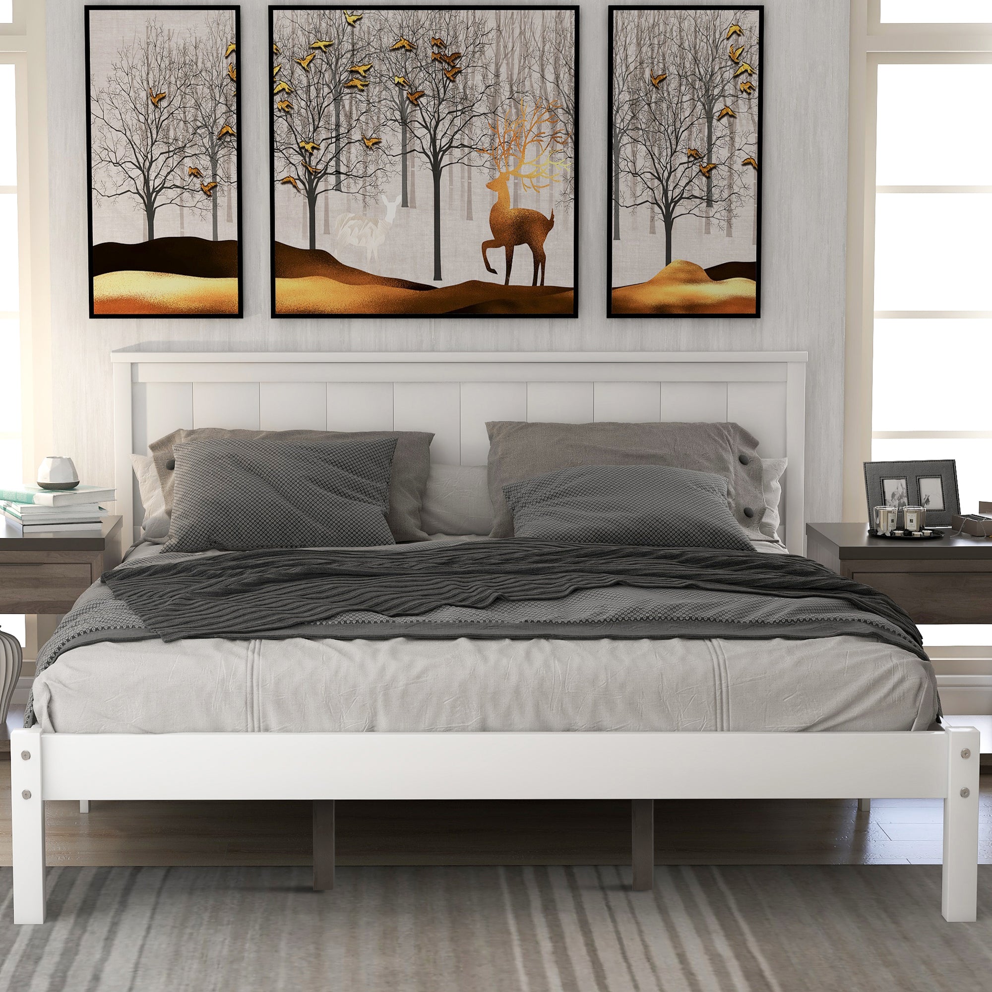 Twin/Full/Queen Wood Frame Platform Bed with Headboard