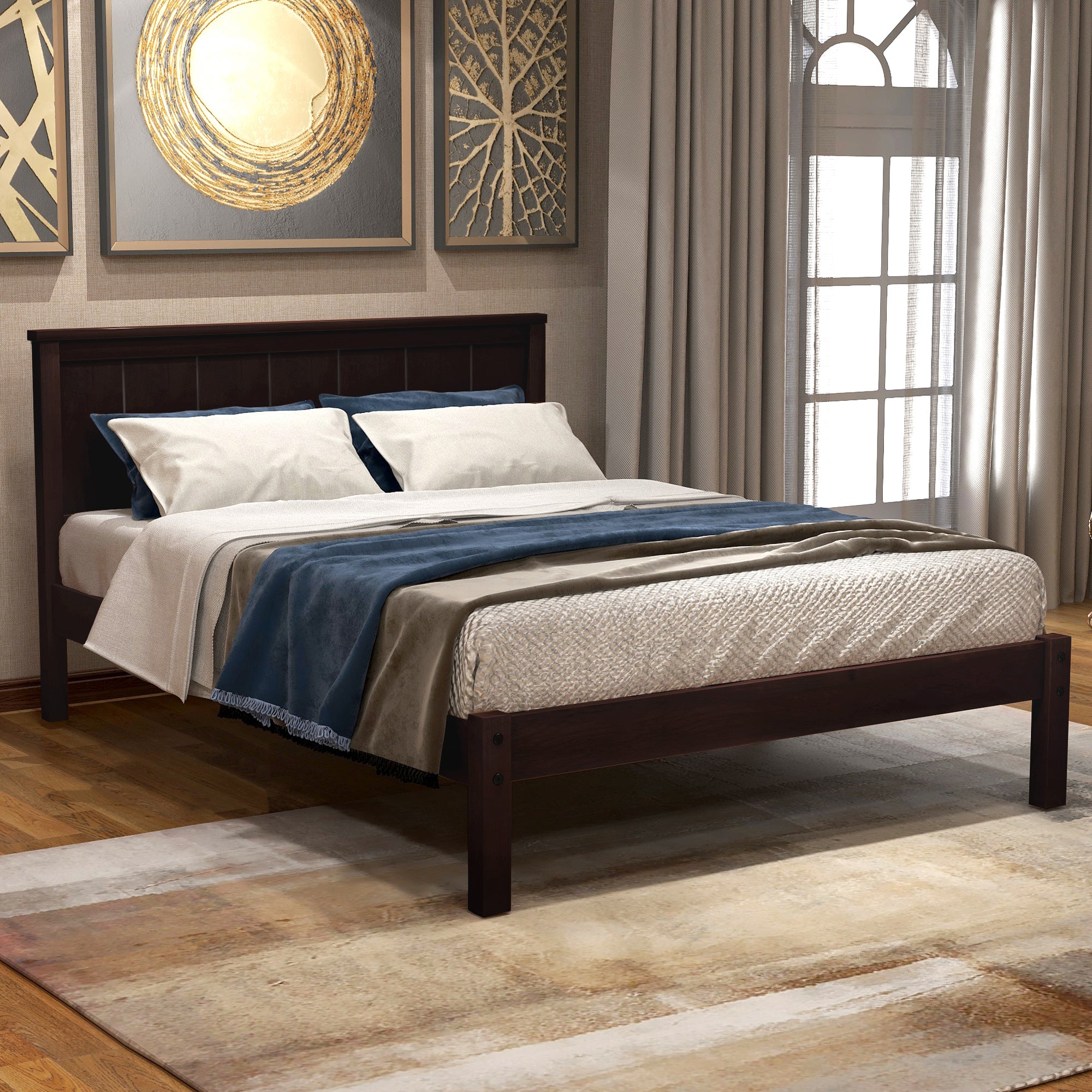Twin/Full/Queen Wood Frame Platform Bed with Headboard