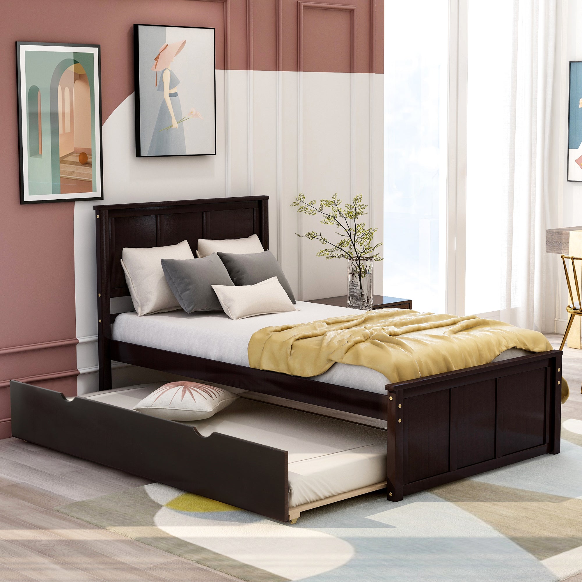 Twin Wood Frame Platform Bed with Trundle