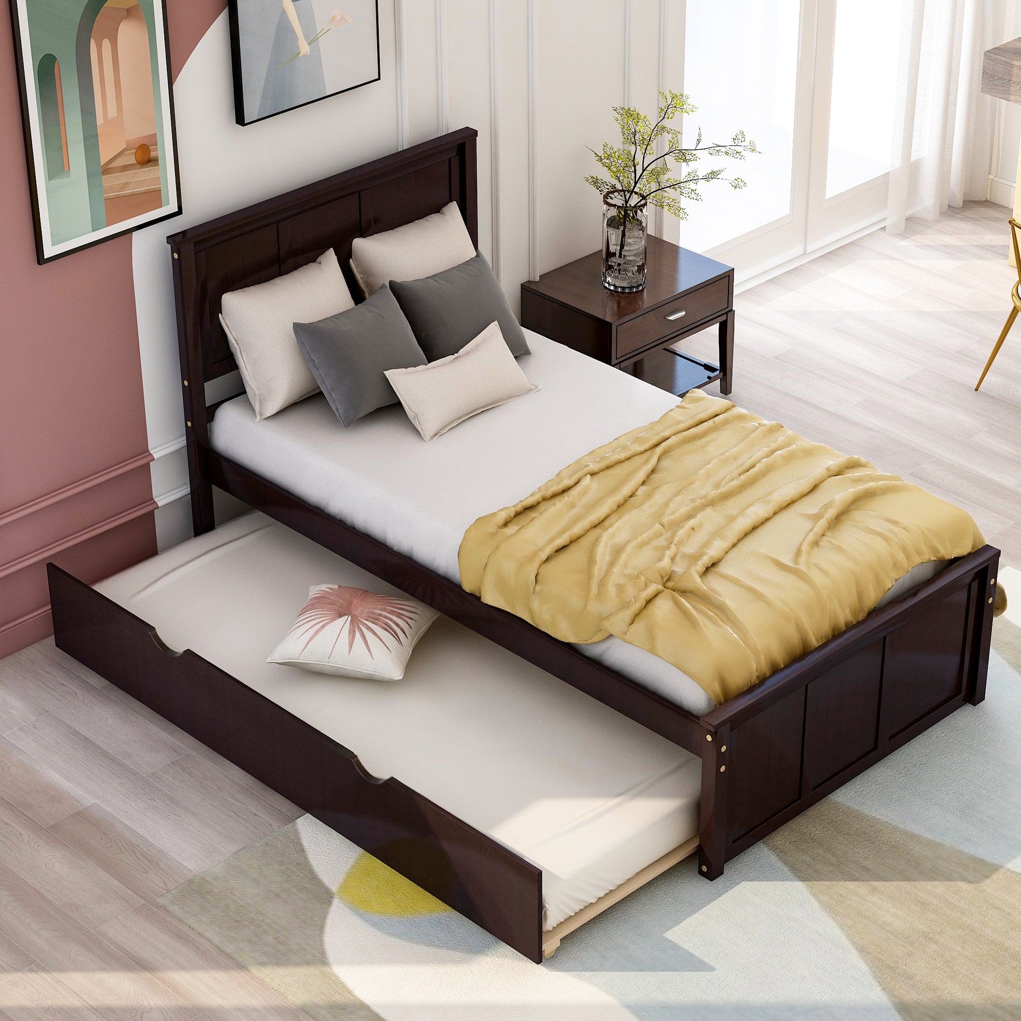 Twin Wood Frame Platform Bed with Trundle