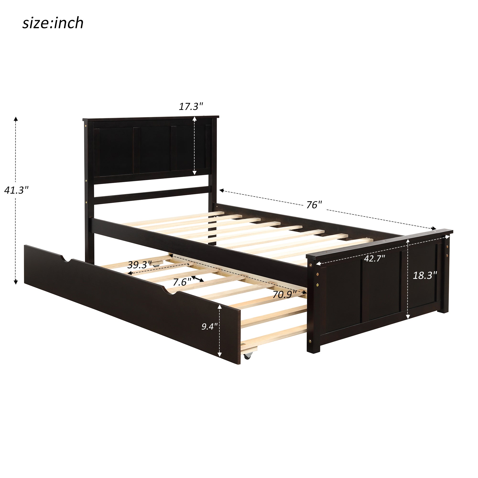 Twin Wood Frame Platform Bed with Trundle