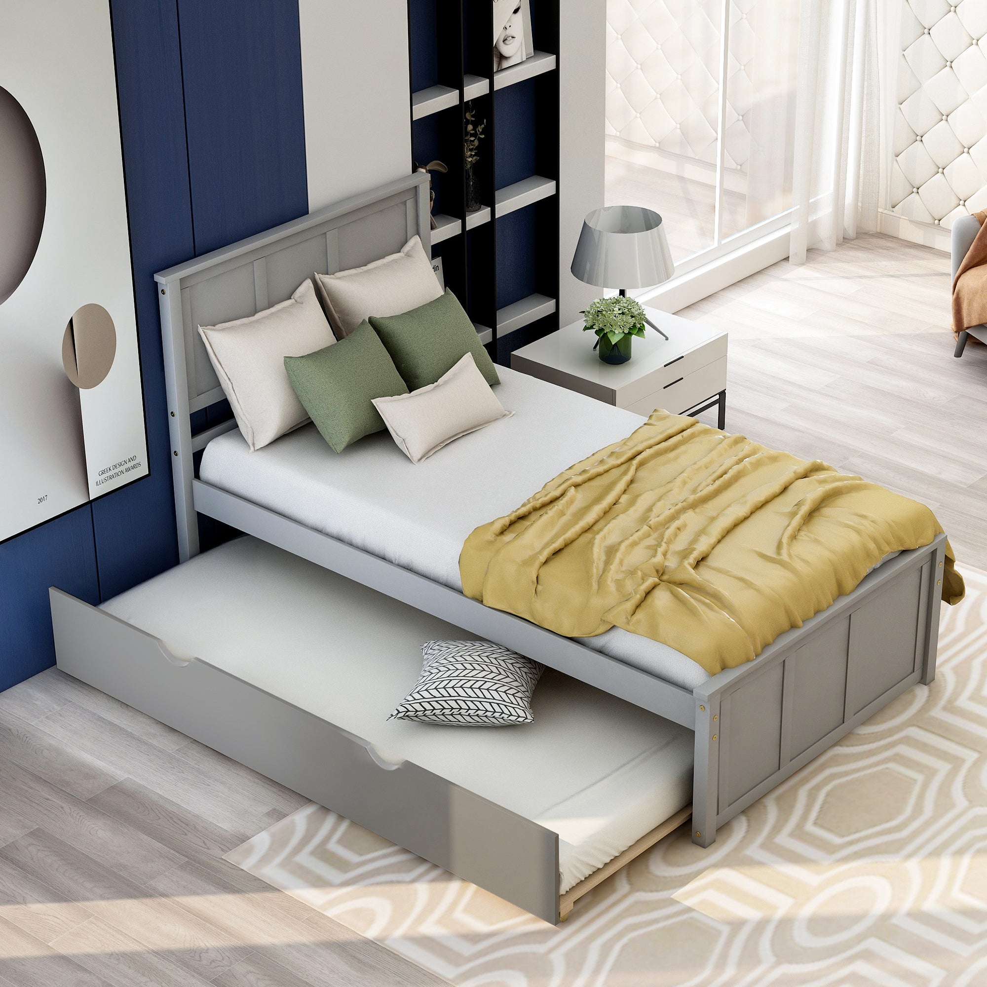 Twin Wood Frame Platform Bed with Trundle