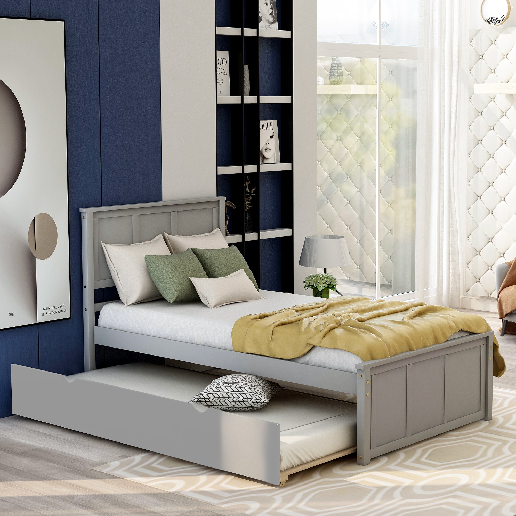 Twin Wood Frame Platform Bed with Trundle