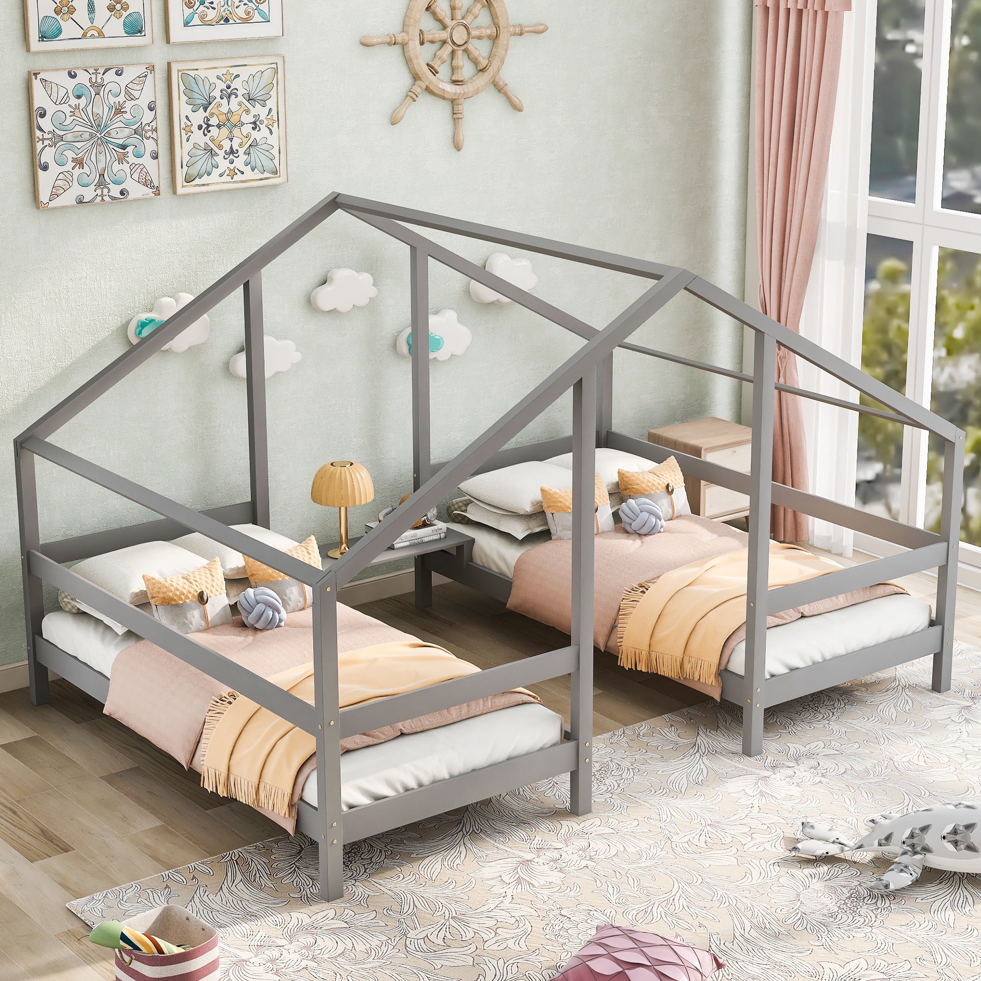 Twin Wood Frame Triangular House Beds with Built-in Table