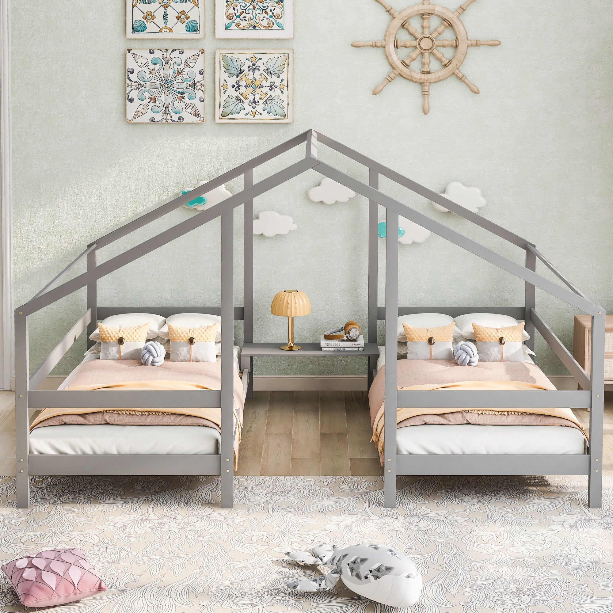 Twin Wood Frame Triangular House Beds with Built-in Table
