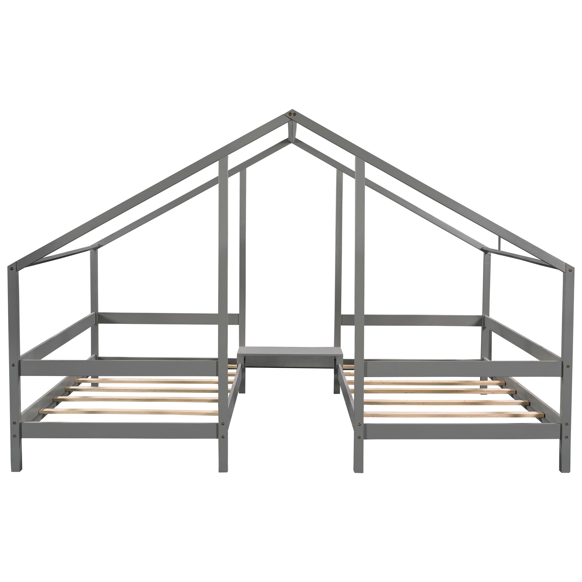 Twin Wood Frame Triangular House Beds with Built-in Table