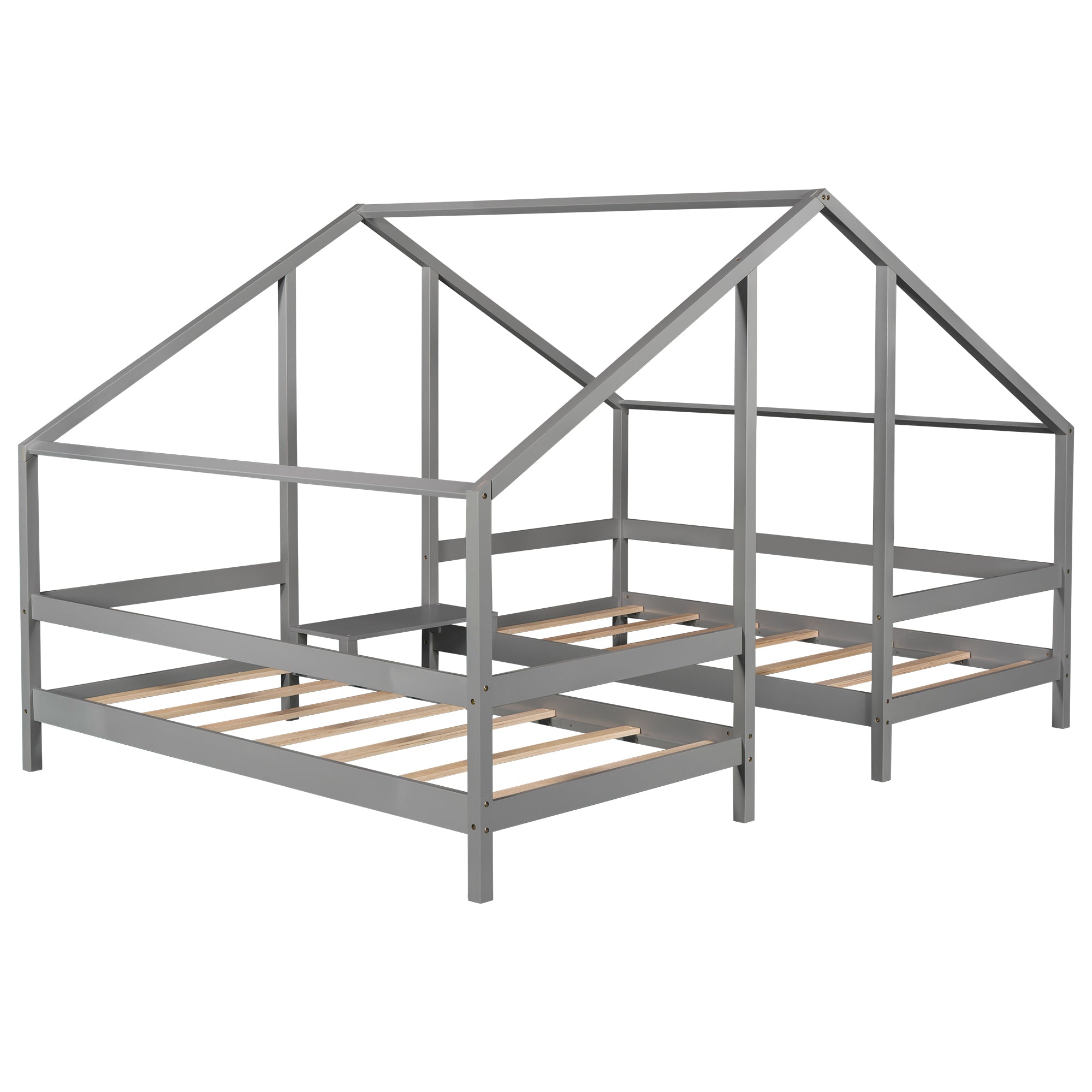 Twin Wood Frame Triangular House Beds with Built-in Table
