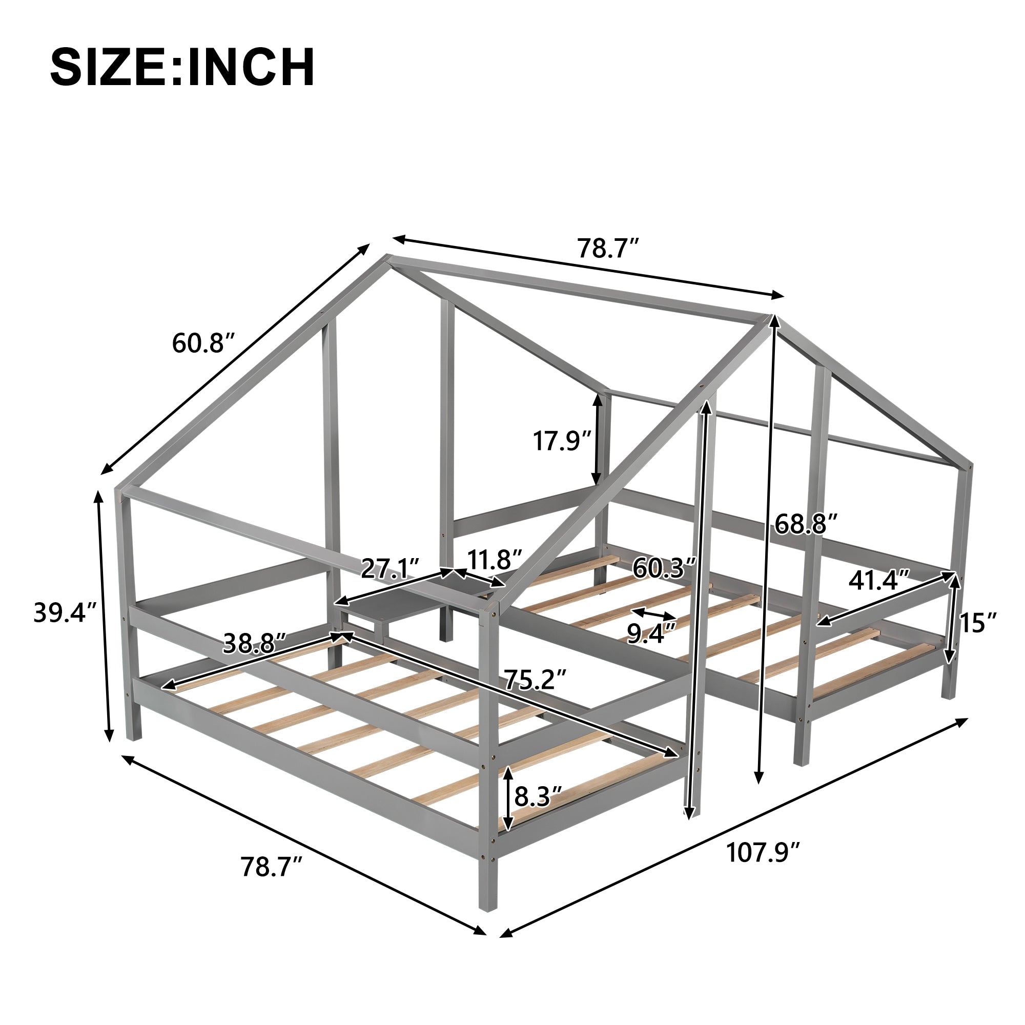Twin Wood Frame Triangular House Beds with Built-in Table