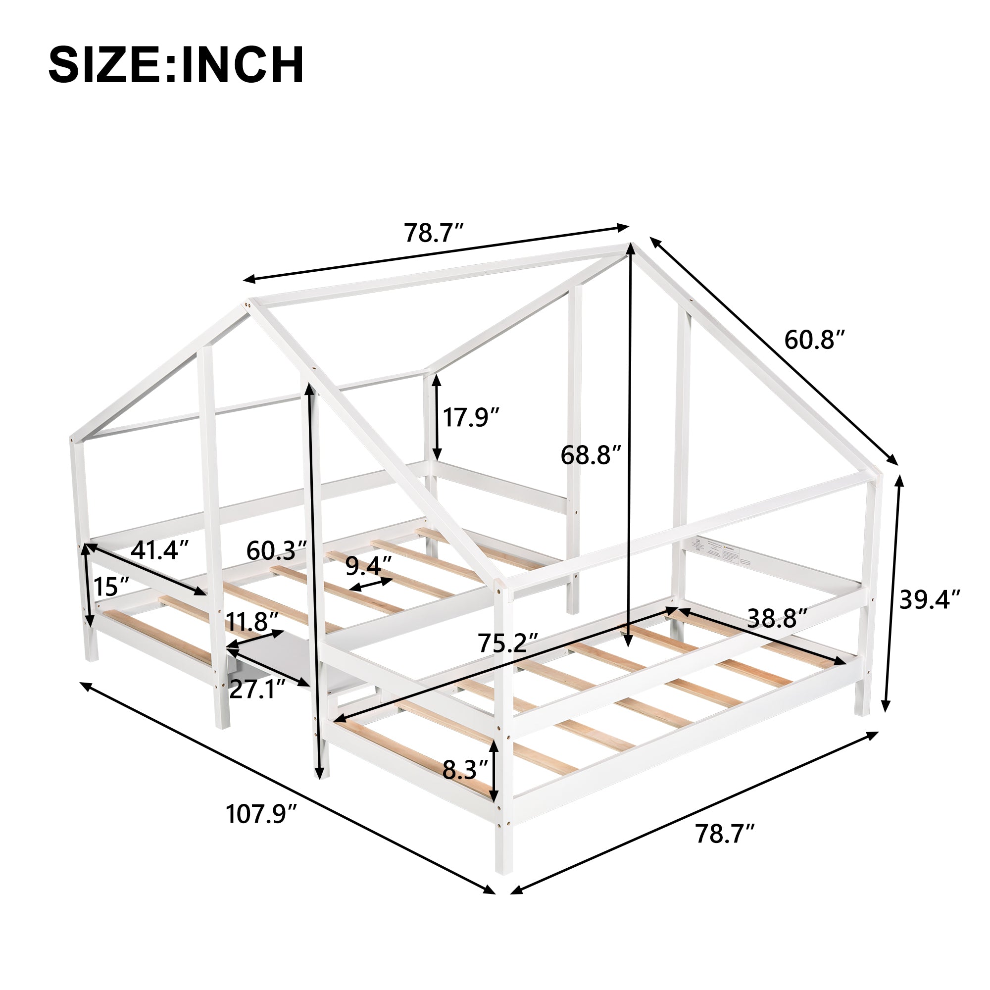 Twin Wood Frame Triangular House Beds with Built-in Table