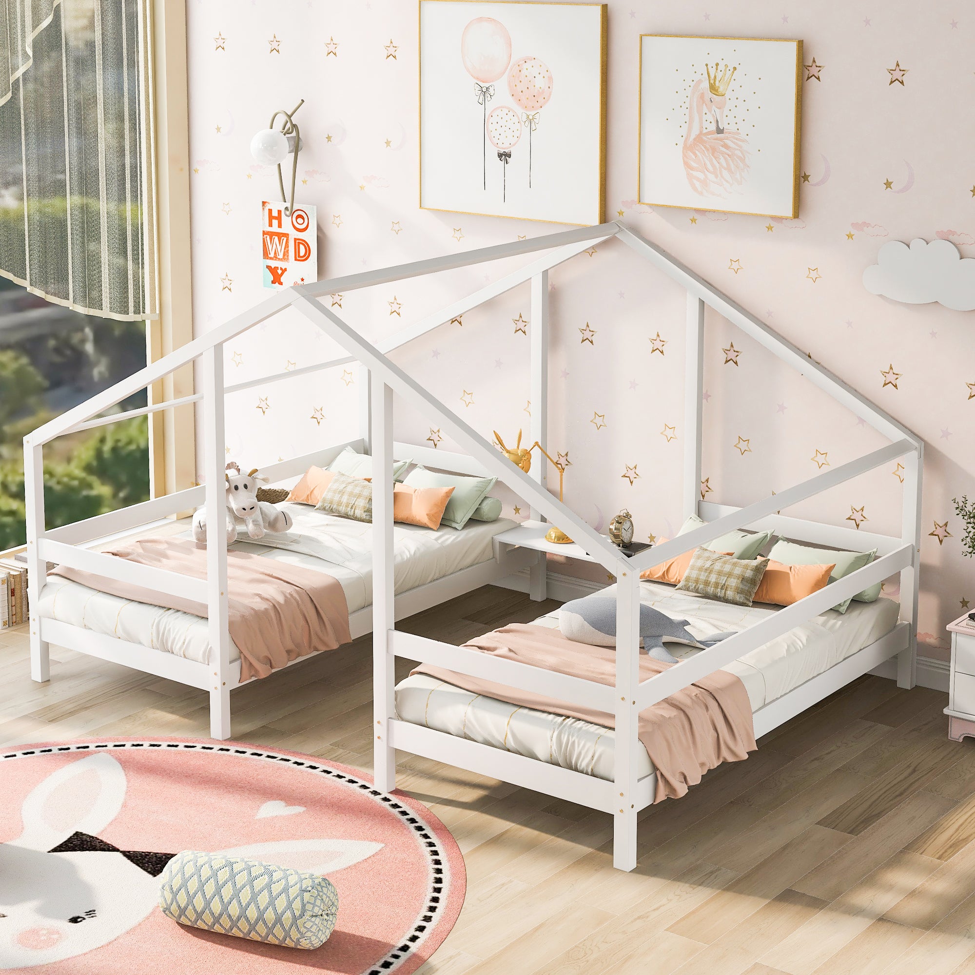 Twin Wood Frame Triangular House Beds with Built-in Table