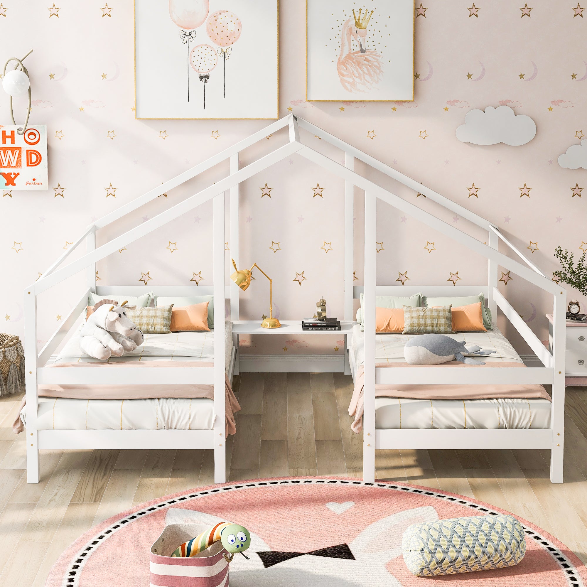 Twin Wood Frame Triangular House Beds with Built-in Table