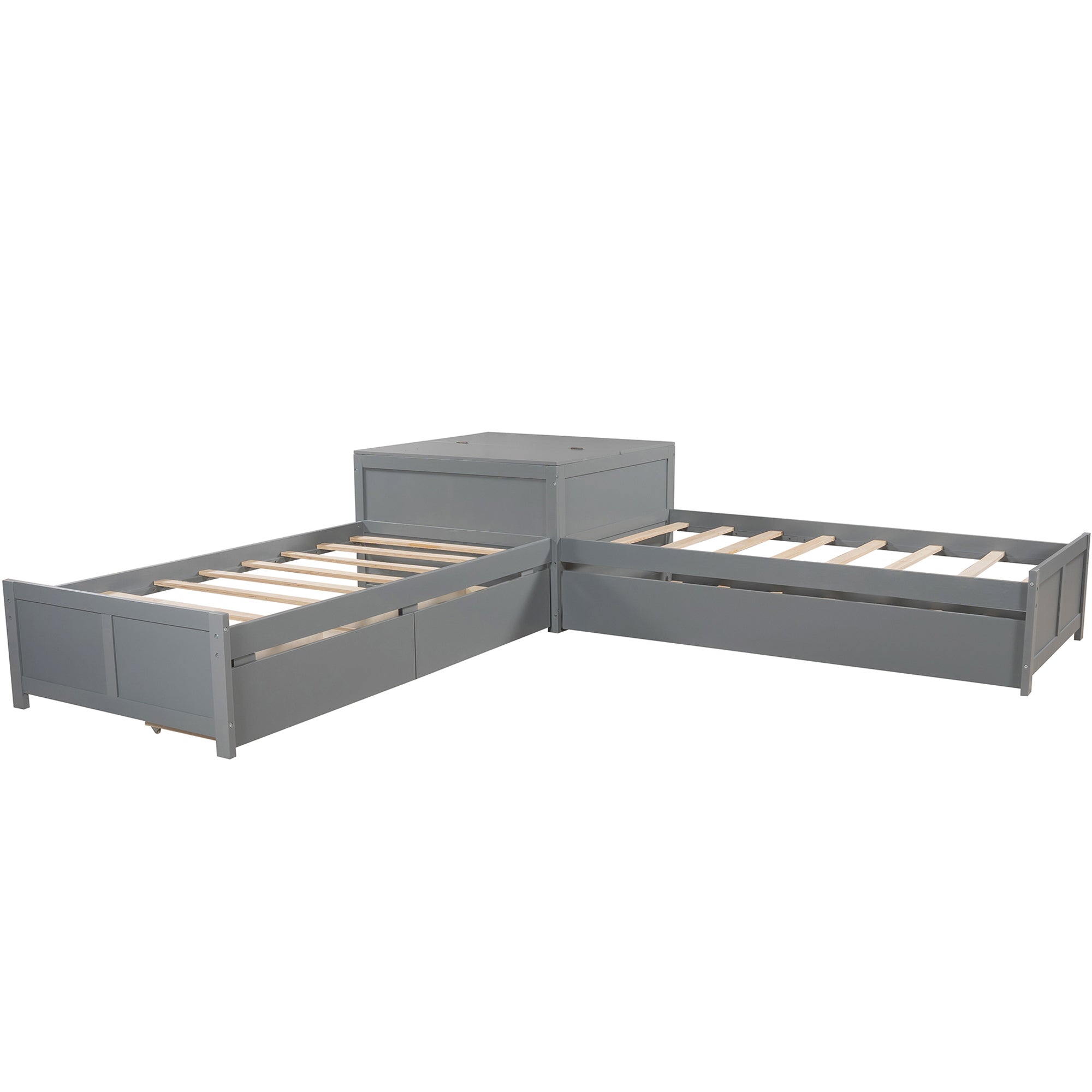 Twin Wood Frame Platform Bed with Trundle and Drawers Linked with Built-in Flip Square Table