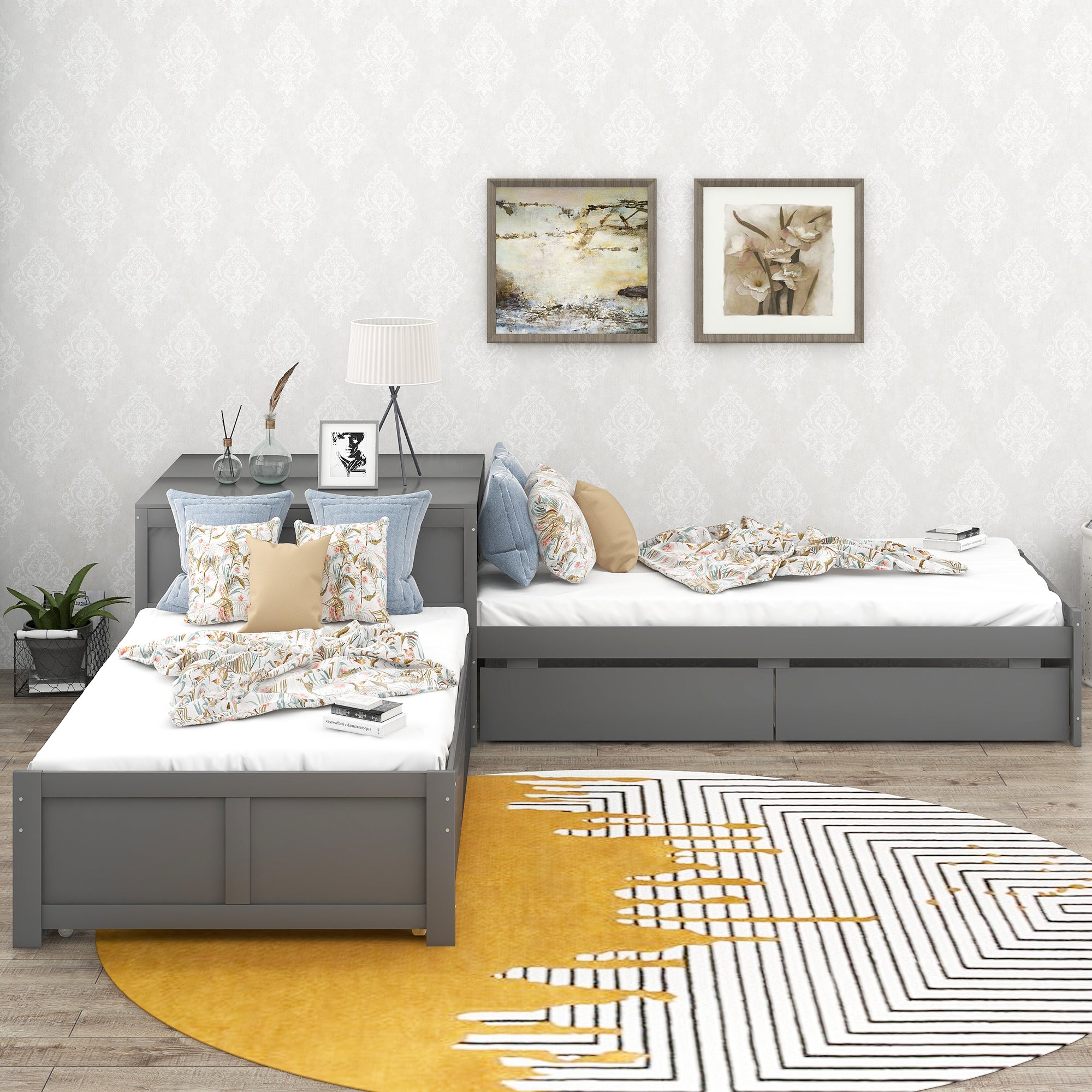 Twin Wood Frame Platform Bed with Trundle and Drawers Linked with Built-in Flip Square Table