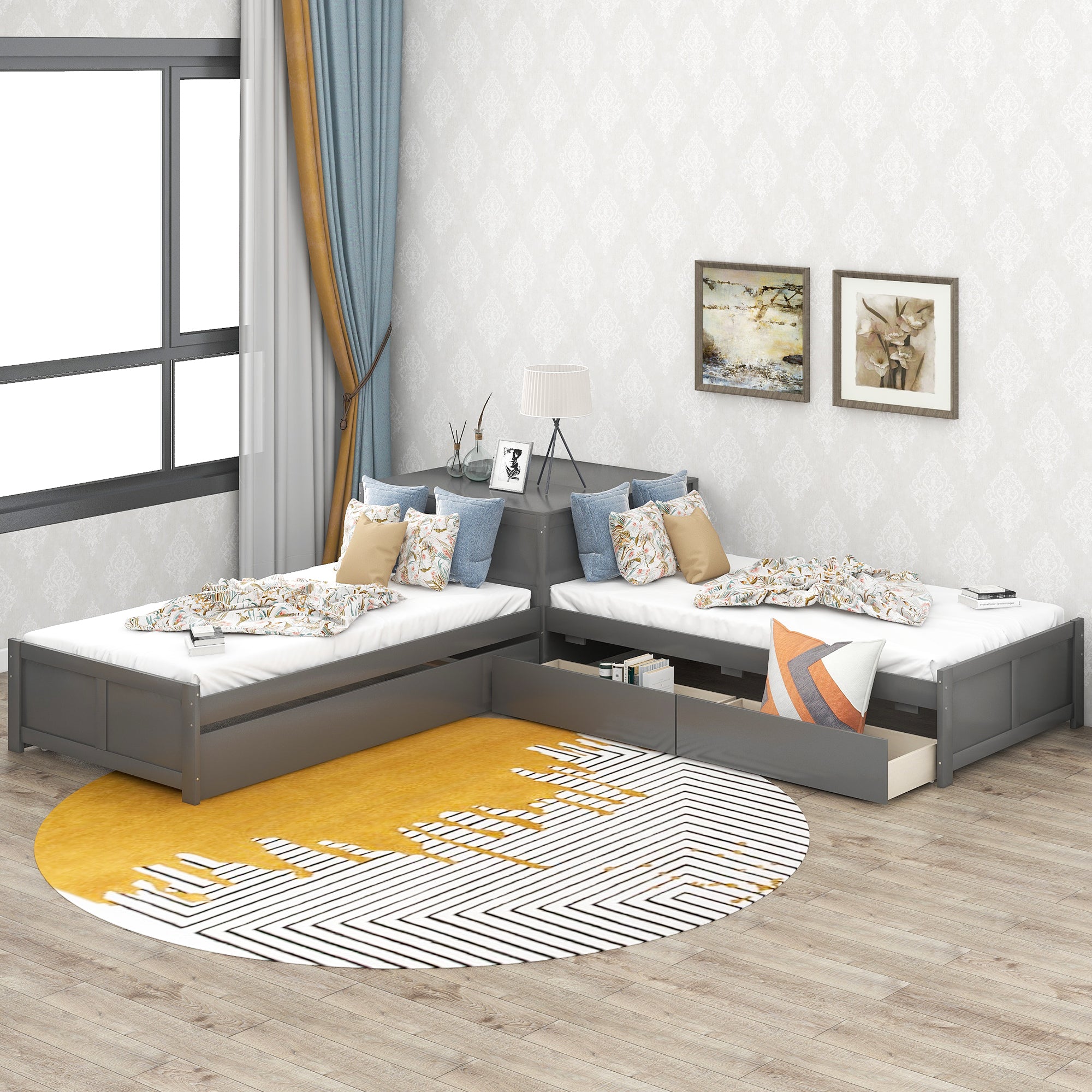 Twin Wood Frame Platform Bed with Trundle and Drawers Linked with Built-in Flip Square Table