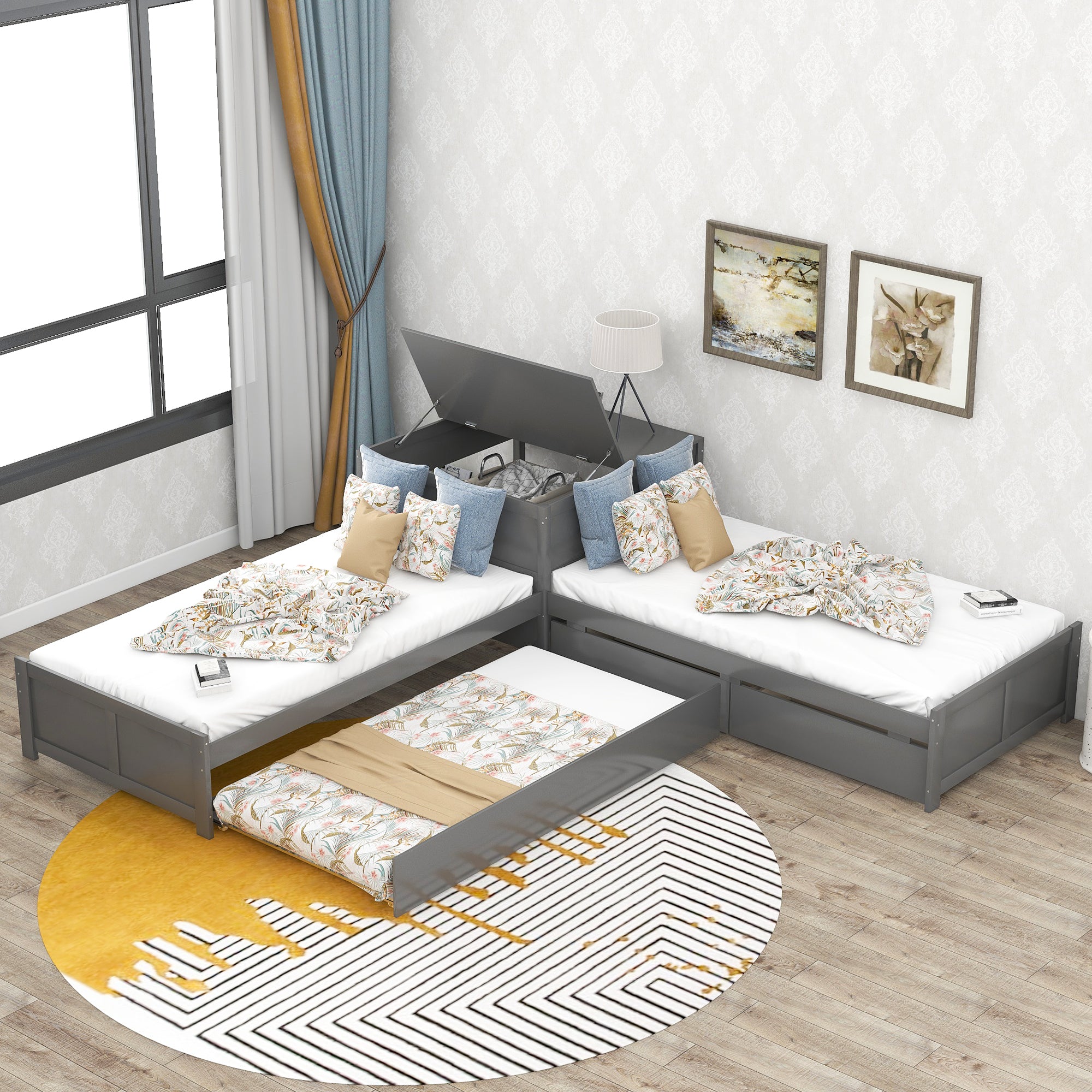 Twin Wood Frame Platform Bed with Trundle and Drawers Linked with Built-in Flip Square Table