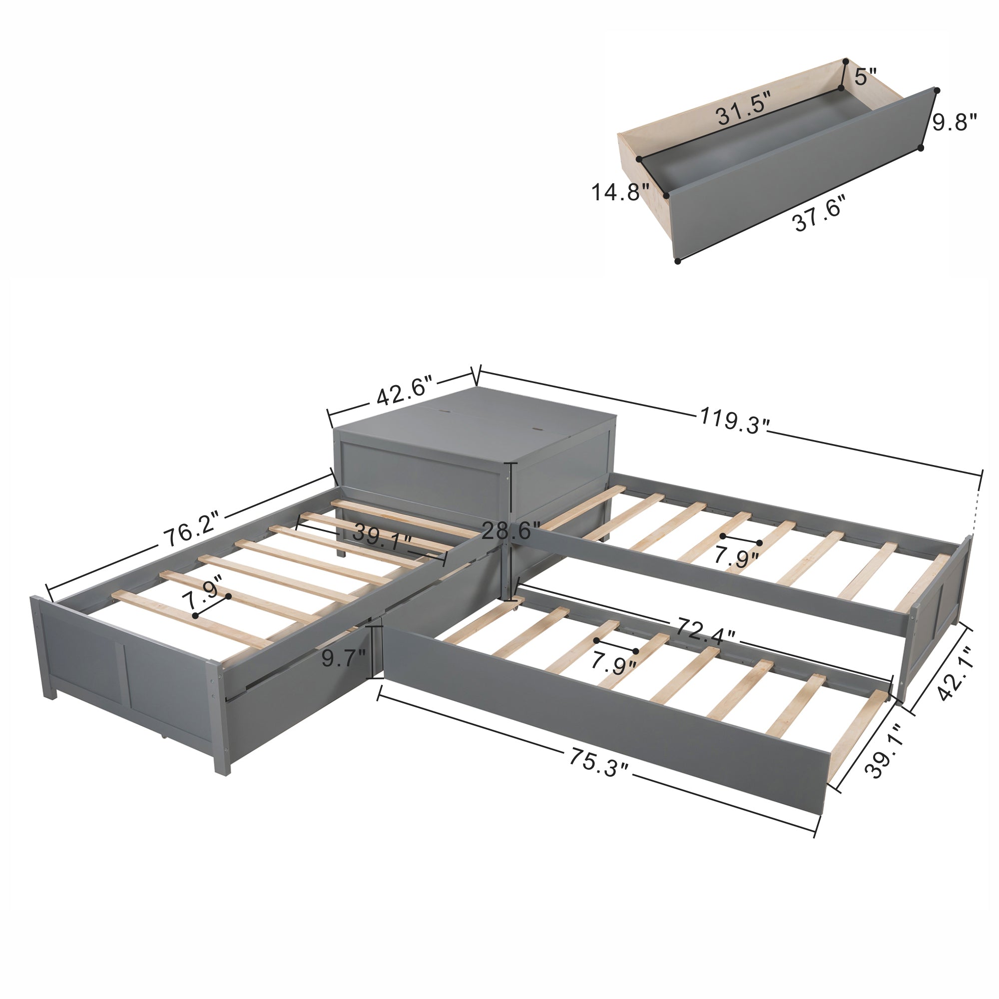 Twin Wood Frame Platform Bed with Trundle and Drawers Linked with Built-in Flip Square Table
