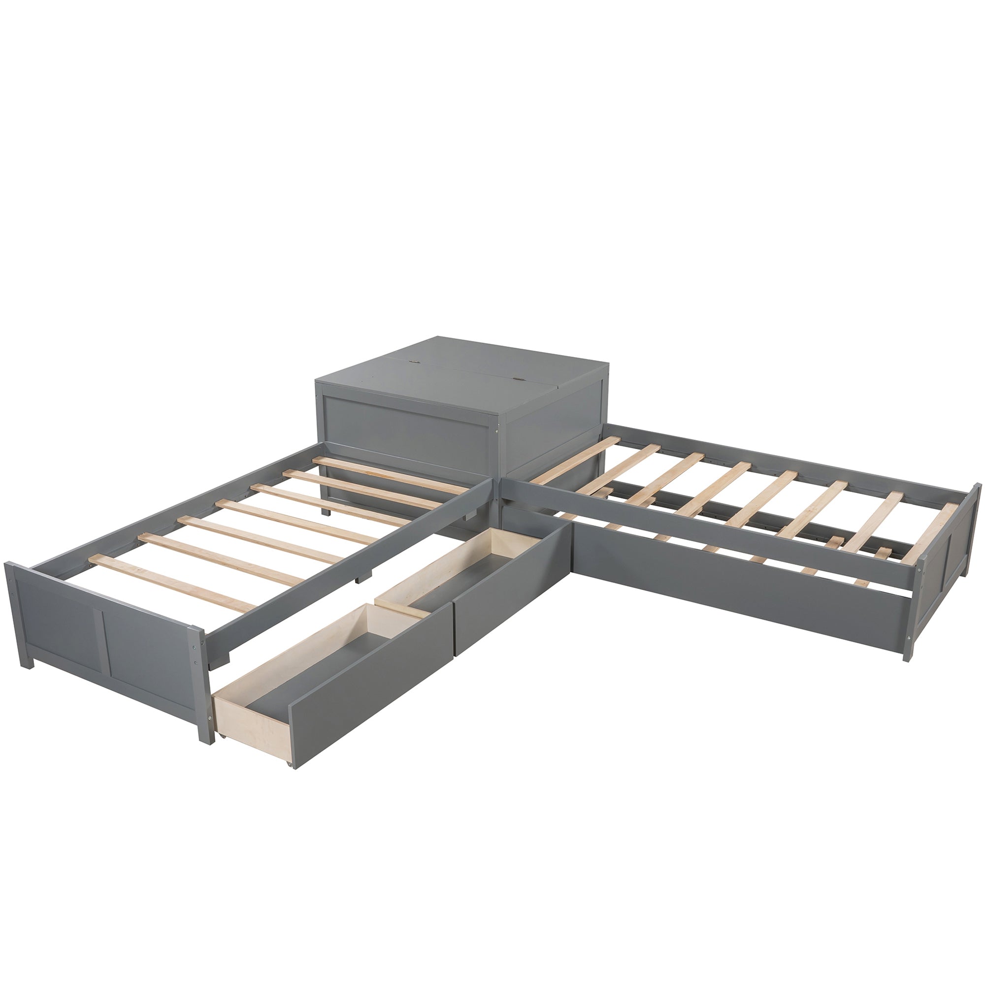Twin Wood Frame Platform Bed with Trundle and Drawers Linked with Built-in Flip Square Table