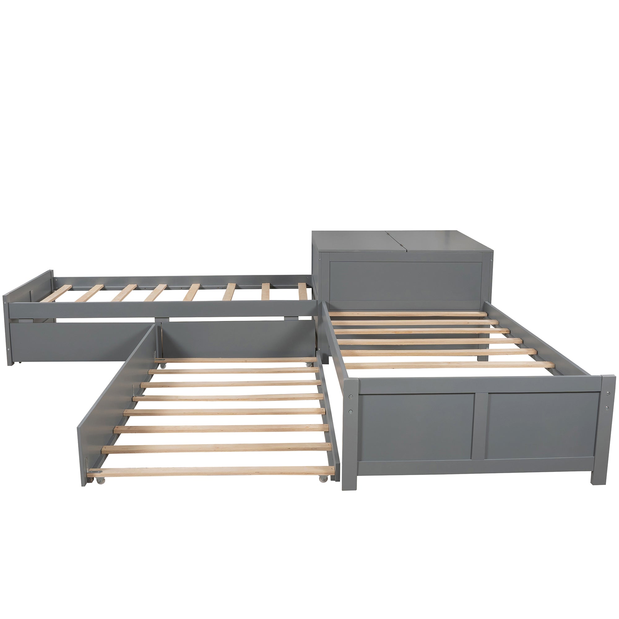 Twin Wood Frame Platform Bed with Trundle and Drawers Linked with Built-in Flip Square Table