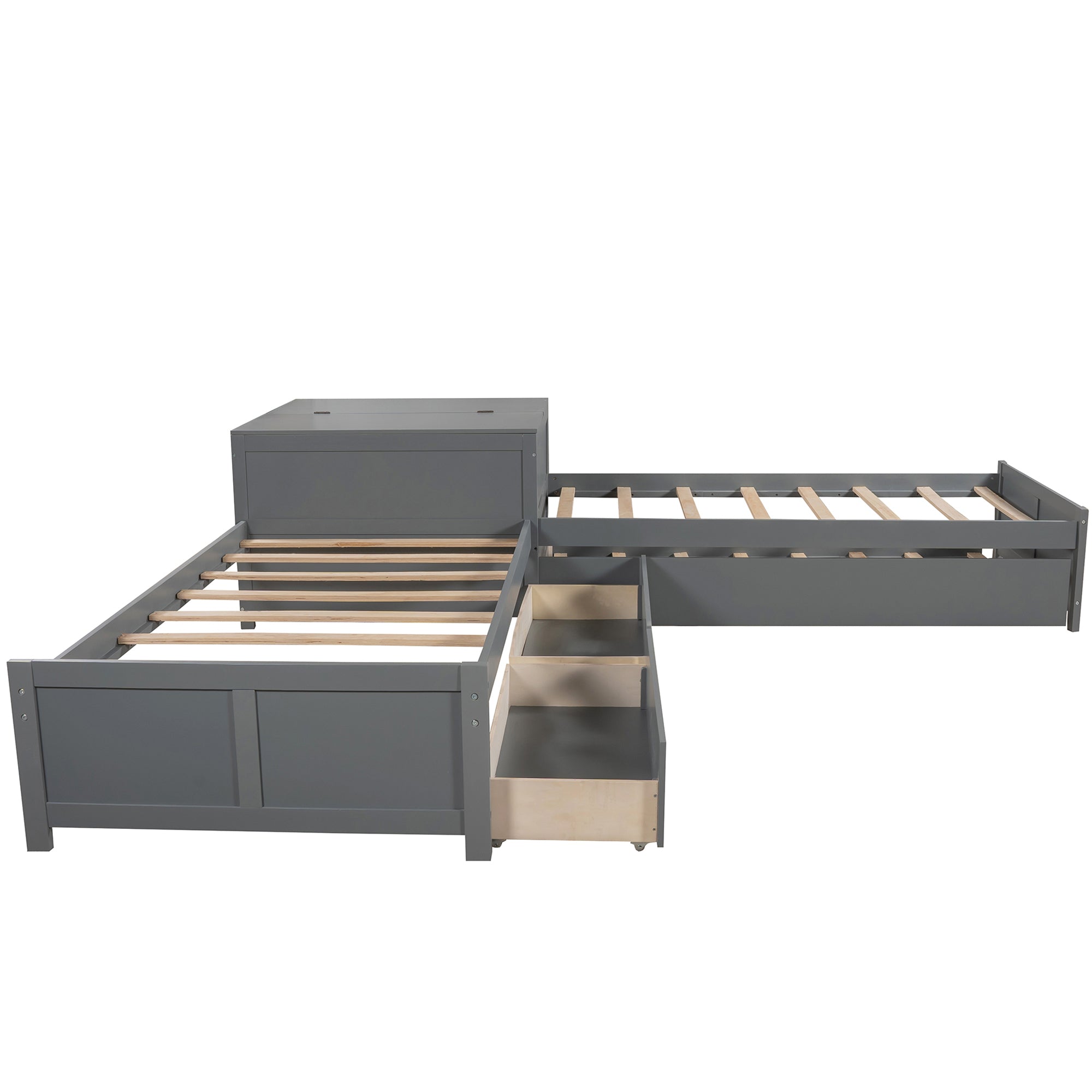 Twin Wood Frame Platform Bed with Trundle and Drawers Linked with Built-in Flip Square Table