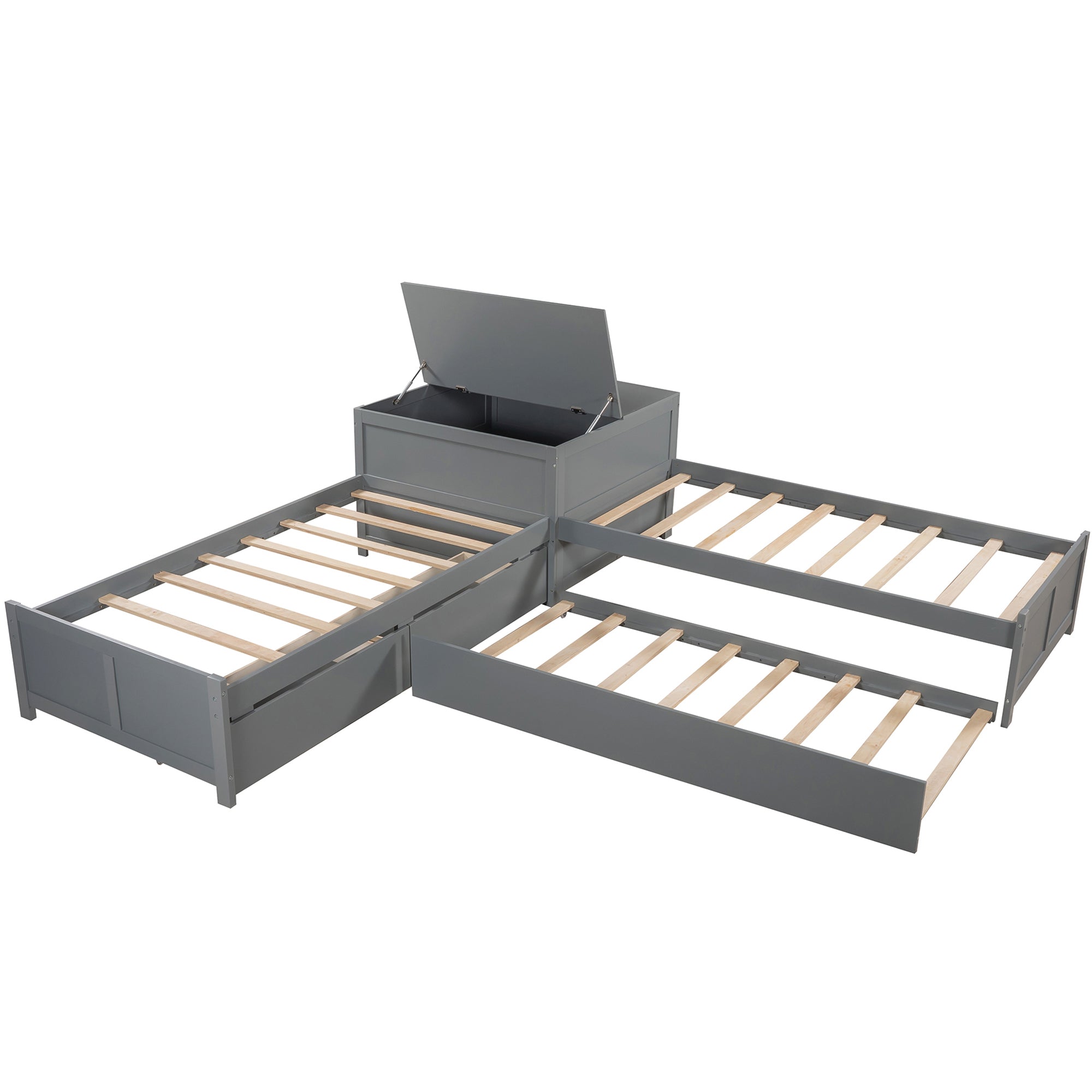 Twin Wood Frame Platform Bed with Trundle and Drawers Linked with Built-in Flip Square Table