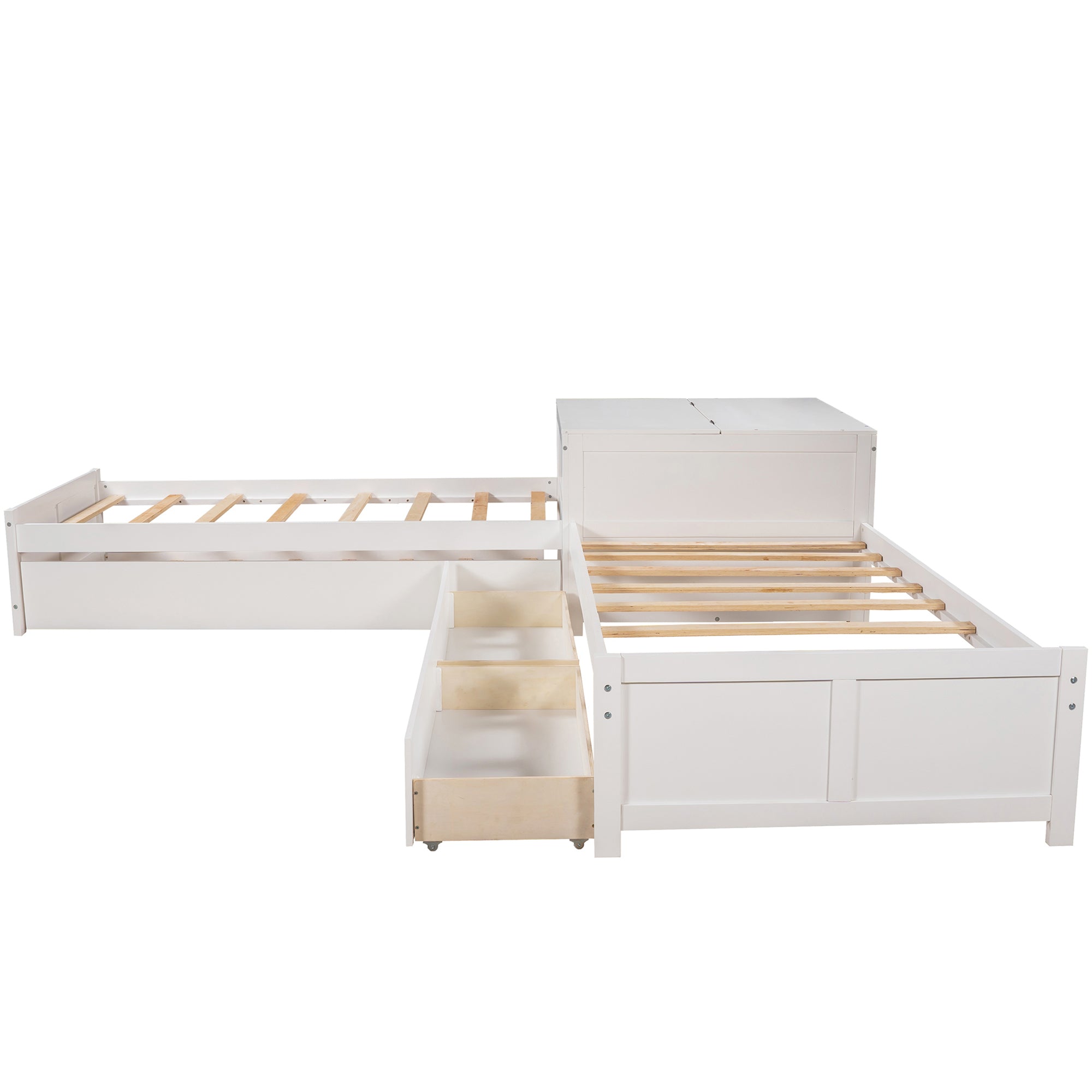 Twin Wood Frame Platform Bed with Trundle and Drawers Linked with Built-in Flip Square Table