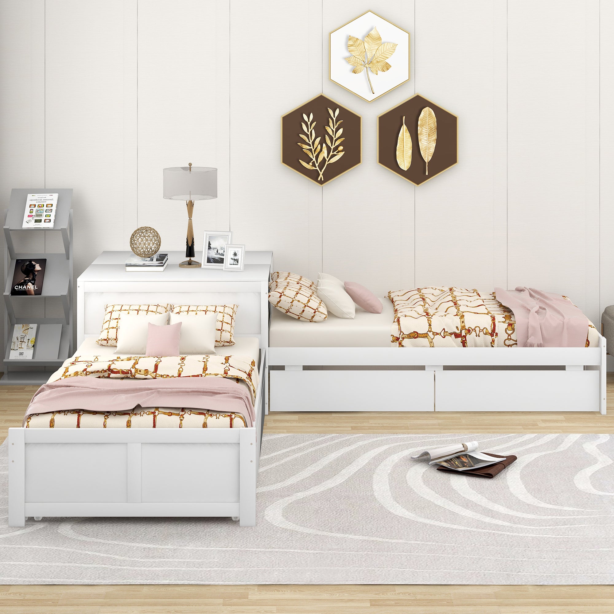 Twin Wood Frame Platform Bed with Trundle and Drawers Linked with Built-in Flip Square Table