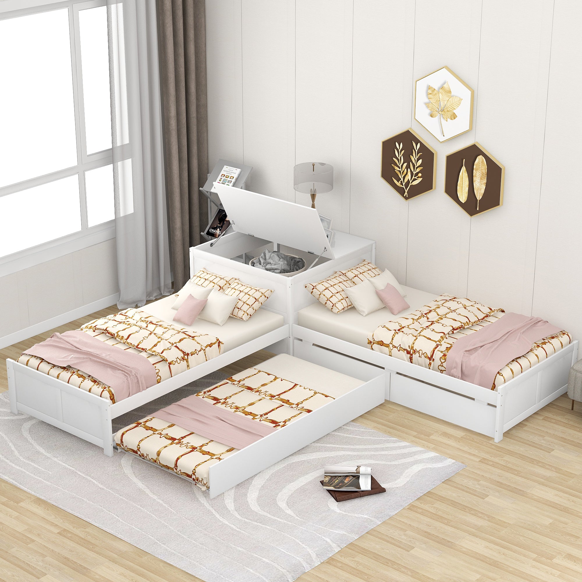 Twin Wood Frame Platform Bed with Trundle and Drawers Linked with Built-in Flip Square Table