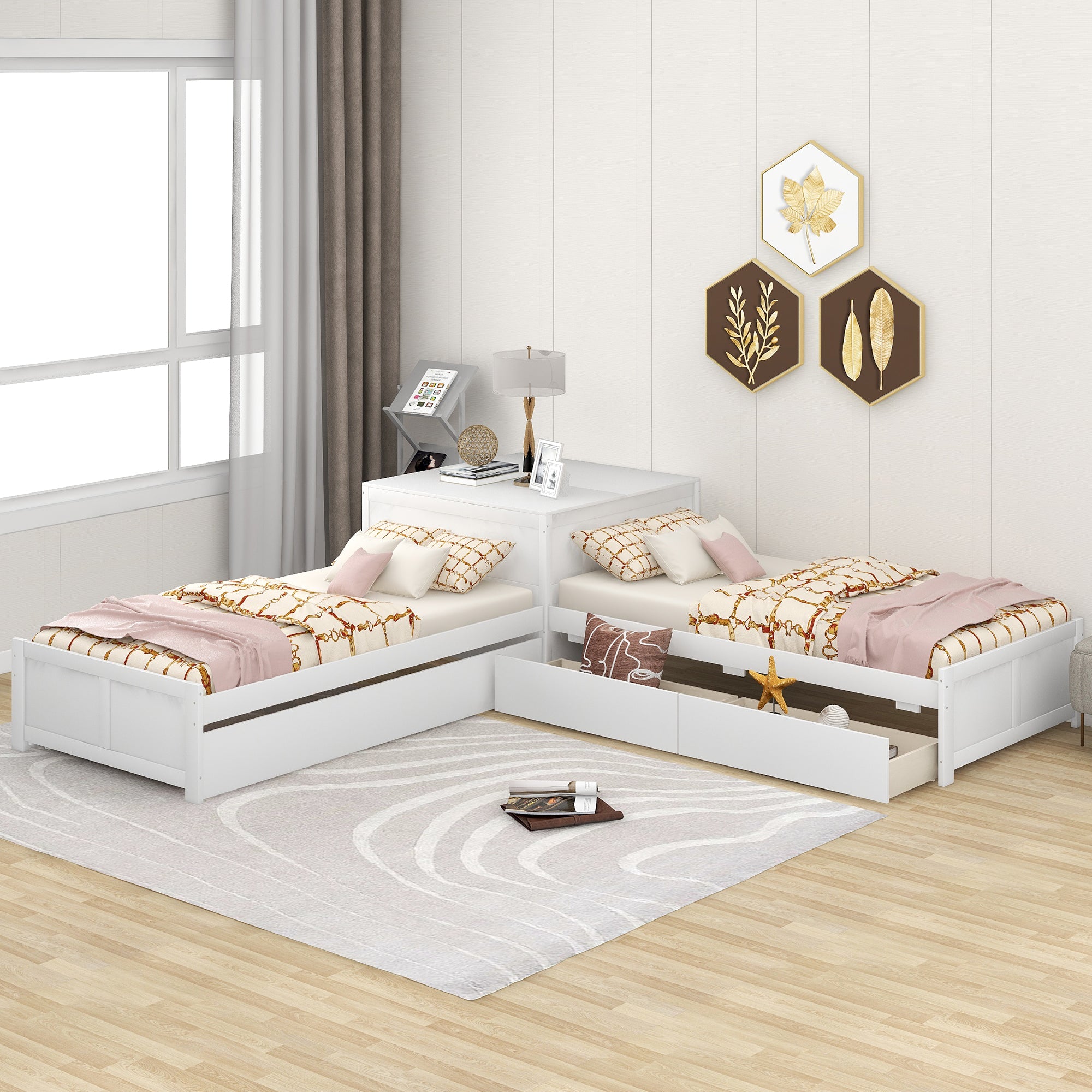 Twin Wood Frame Platform Bed with Trundle and Drawers Linked with Built-in Flip Square Table