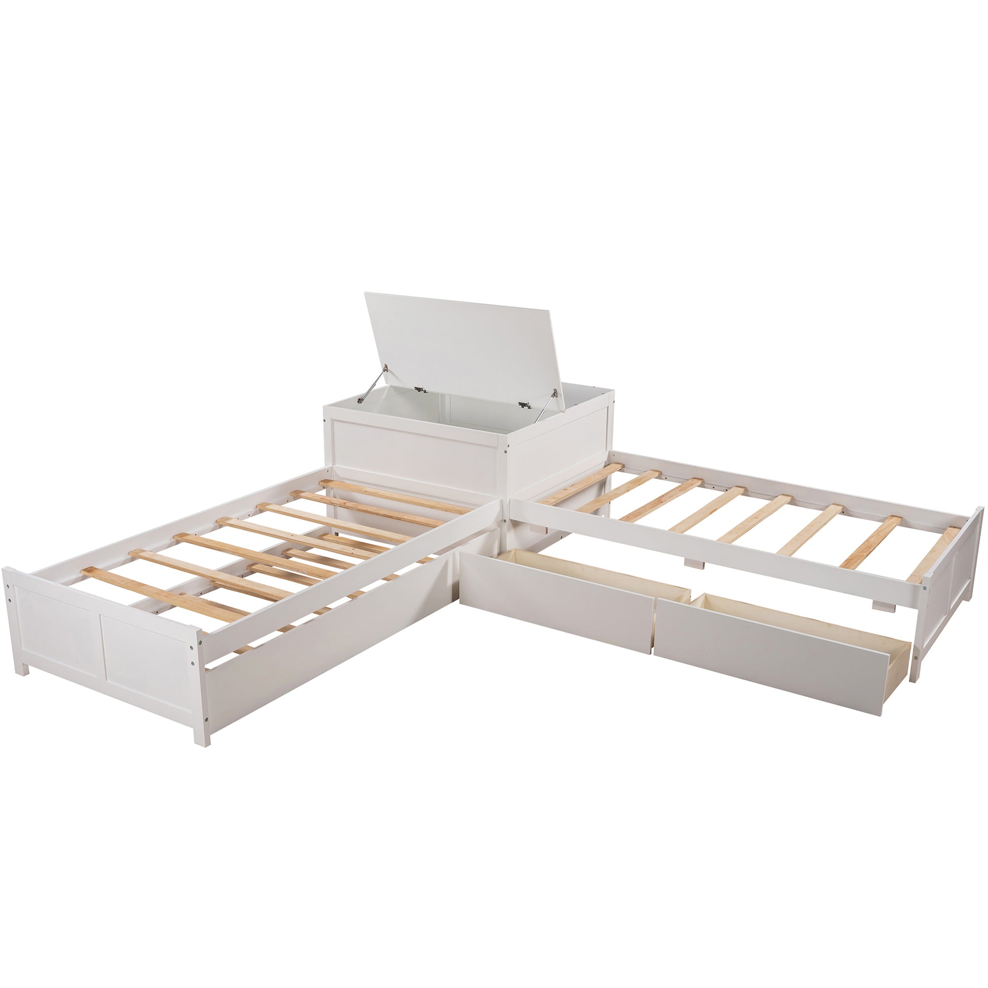 Twin Wood Frame Platform Bed with Trundle and Drawers Linked with Built-in Flip Square Table