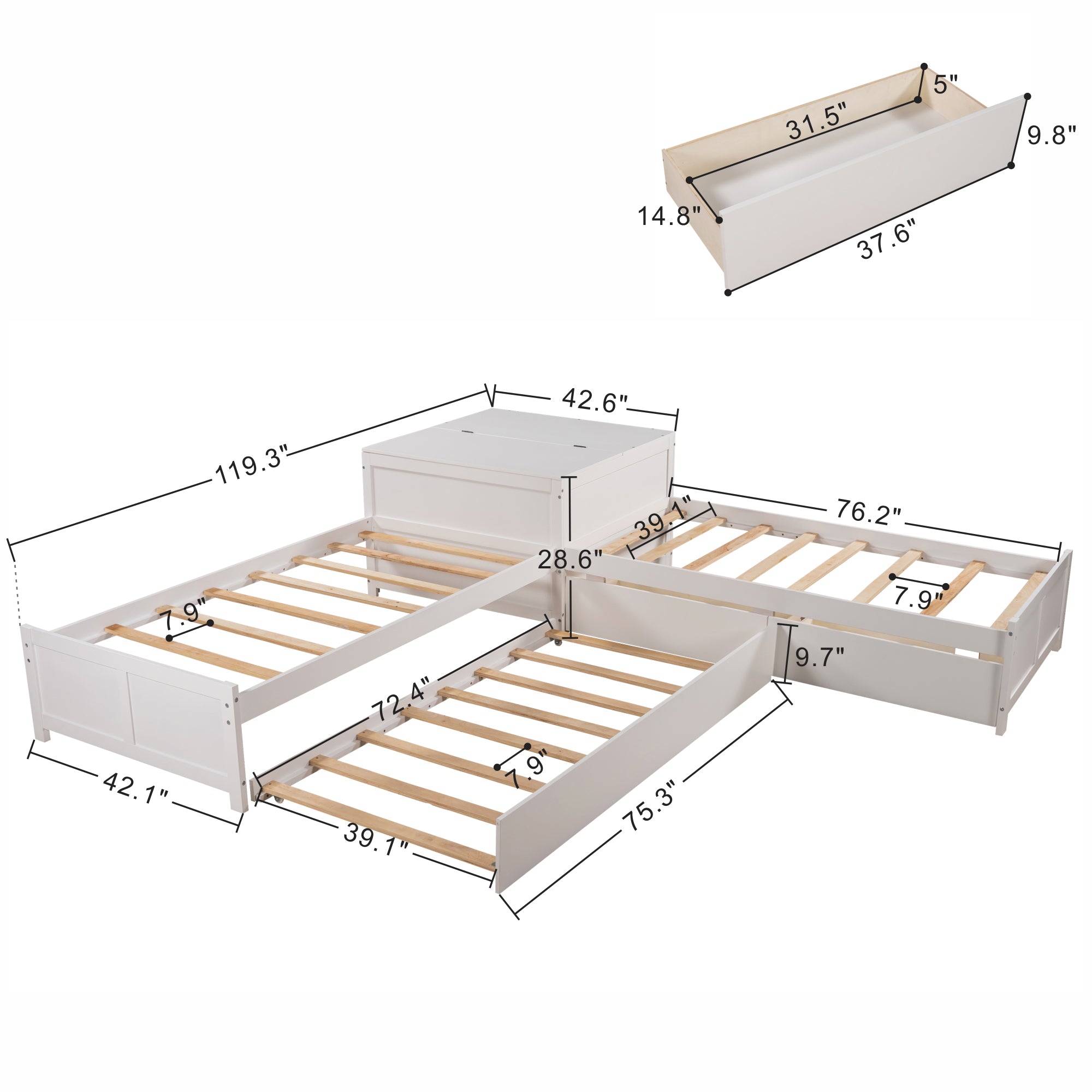 Twin Wood Frame Platform Bed with Trundle and Drawers Linked with Built-in Flip Square Table
