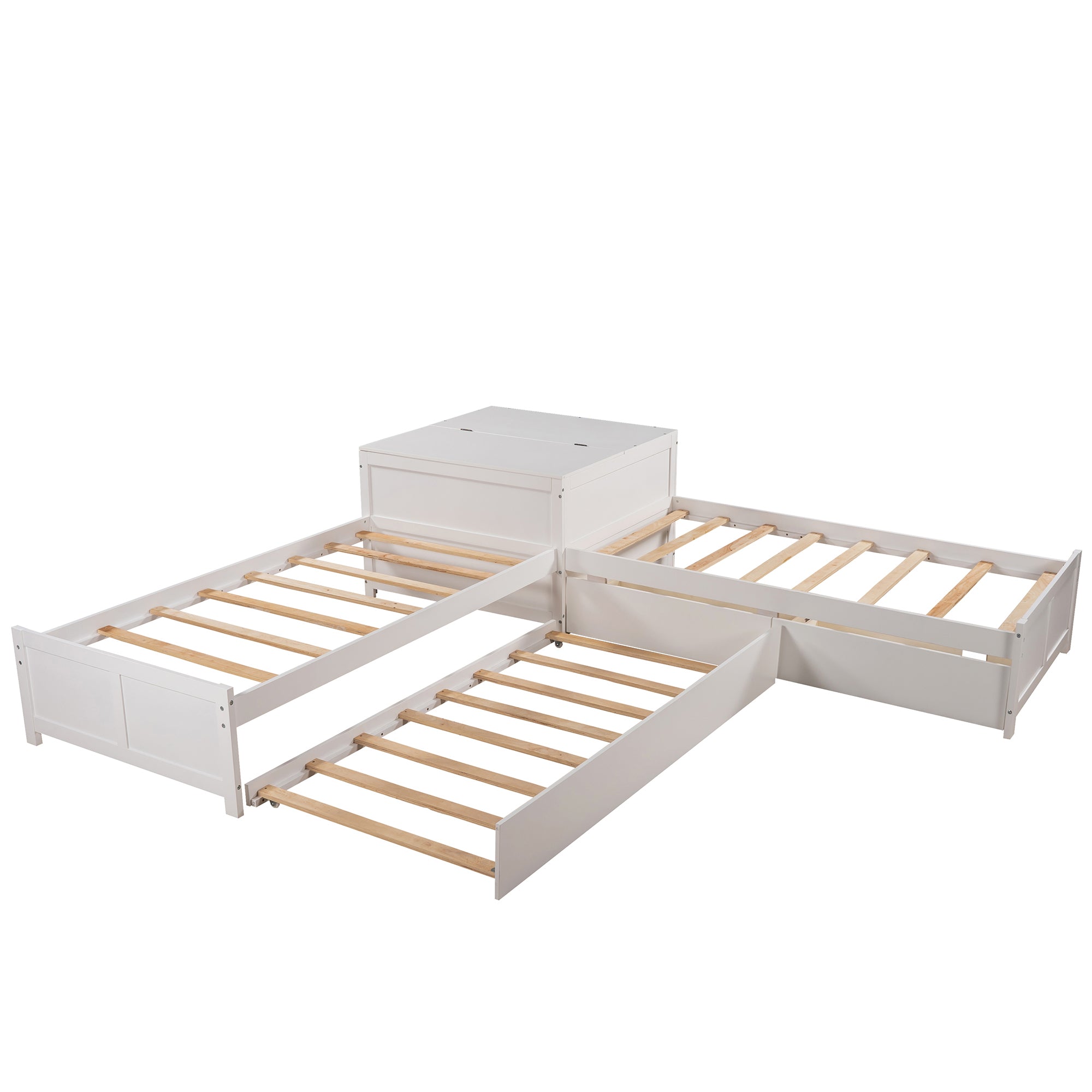 Twin Wood Frame Platform Bed with Trundle and Drawers Linked with Built-in Flip Square Table