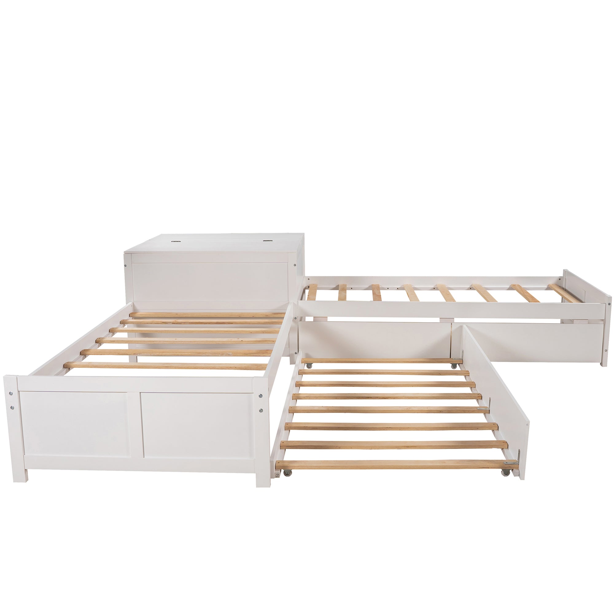 Twin Wood Frame Platform Bed with Trundle and Drawers Linked with Built-in Flip Square Table
