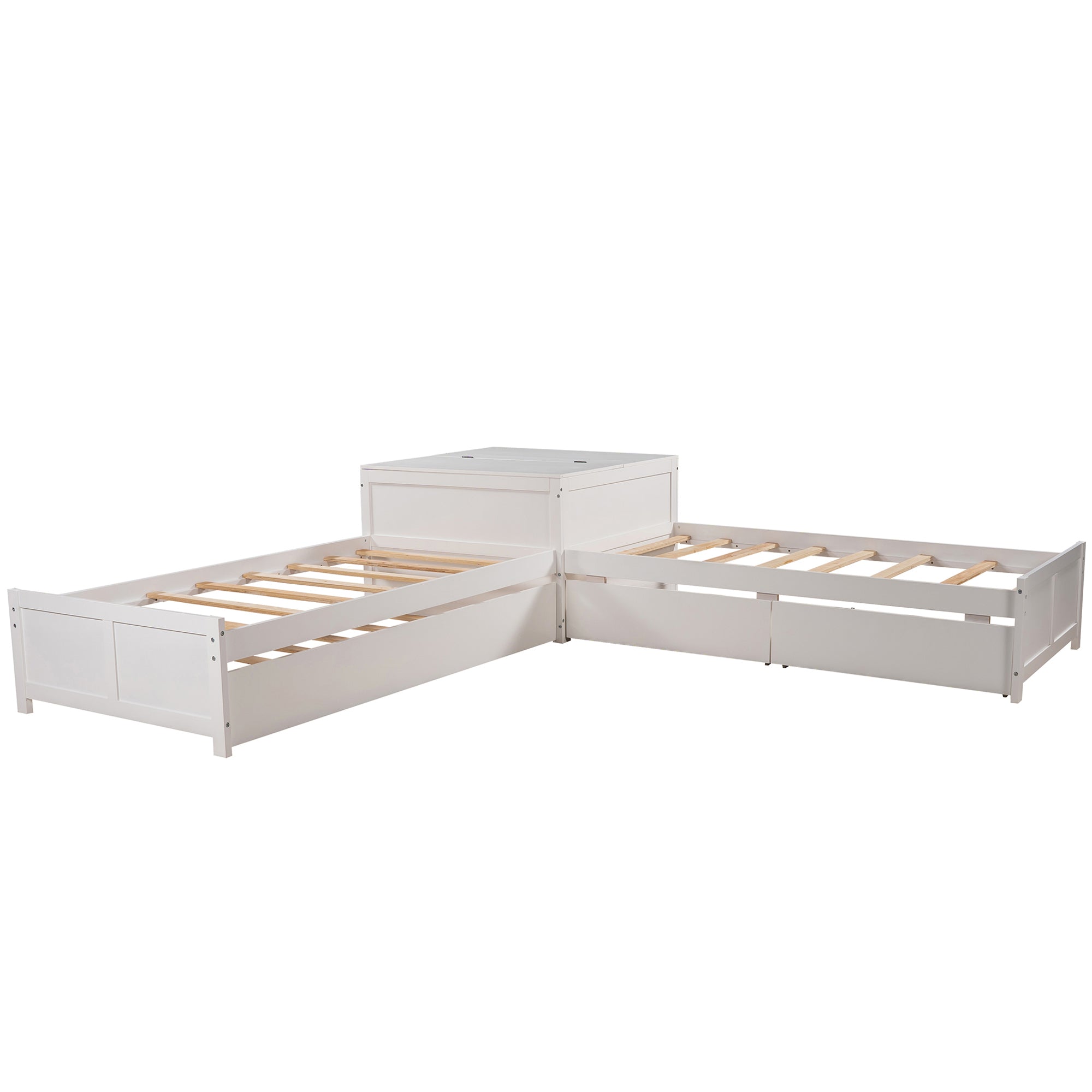 Twin Wood Frame Platform Bed with Trundle and Drawers Linked with Built-in Flip Square Table