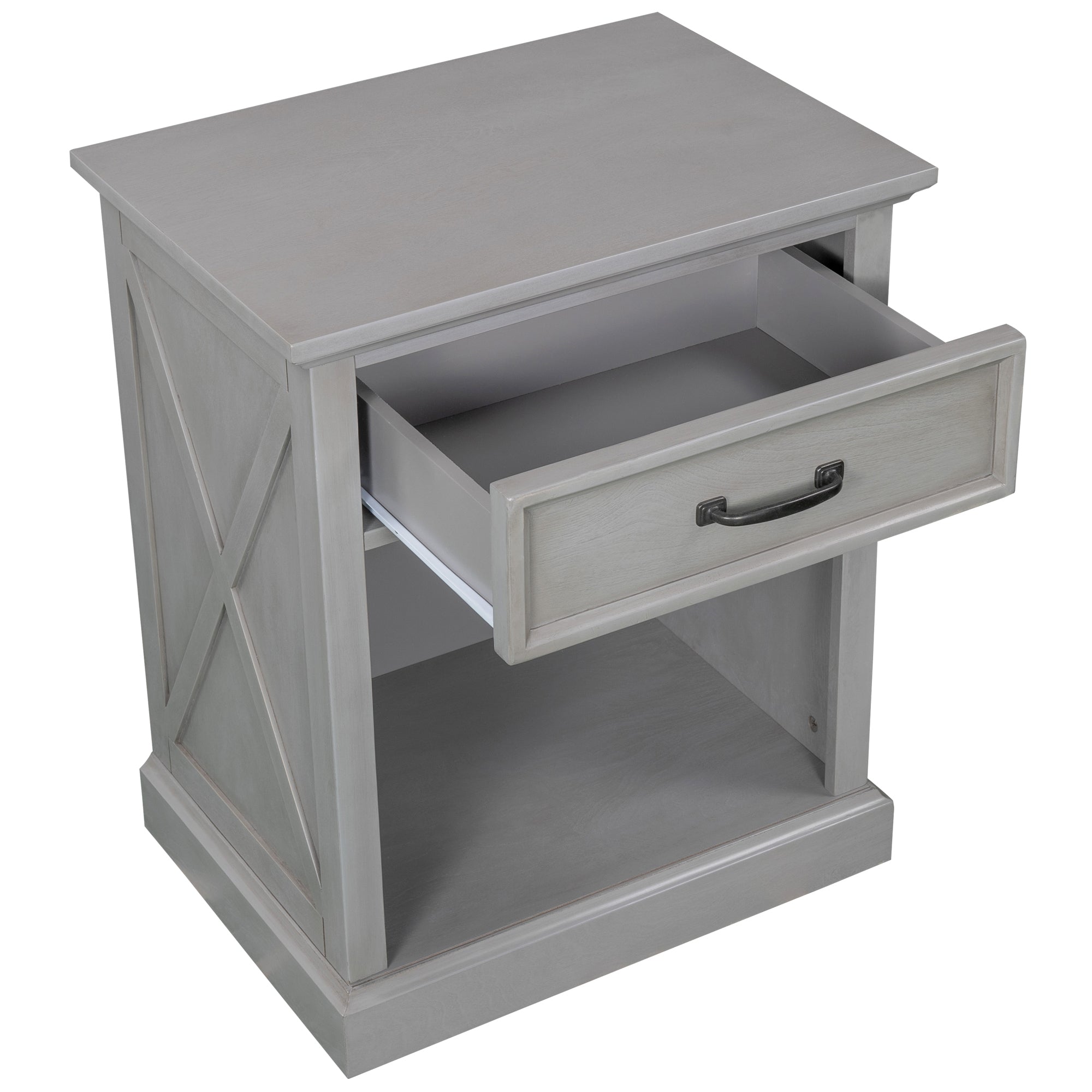 Wood 1-Drawer Nightstand with Exterior Shelves