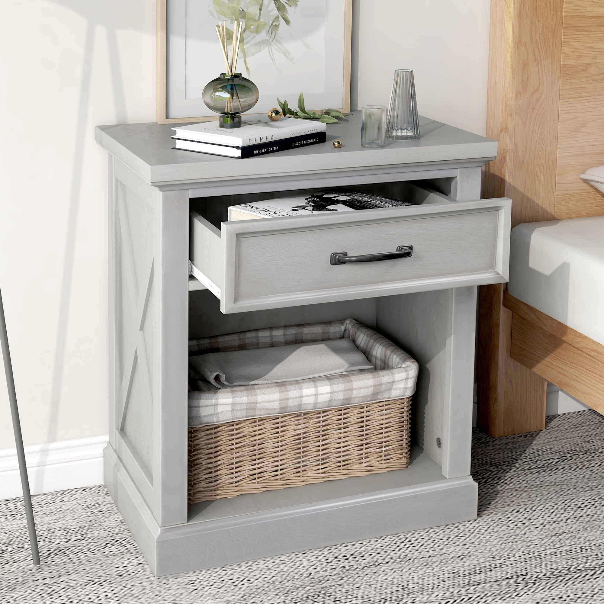 Wood 1-Drawer Nightstand with Exterior Shelves