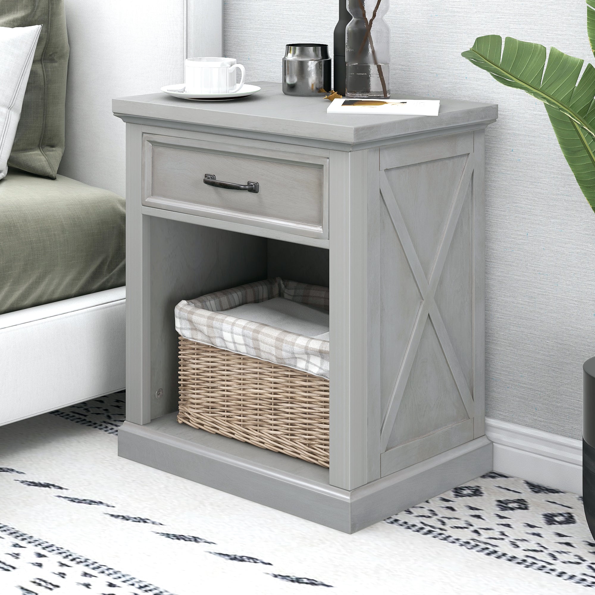 Wood 1-Drawer Nightstand with Exterior Shelves