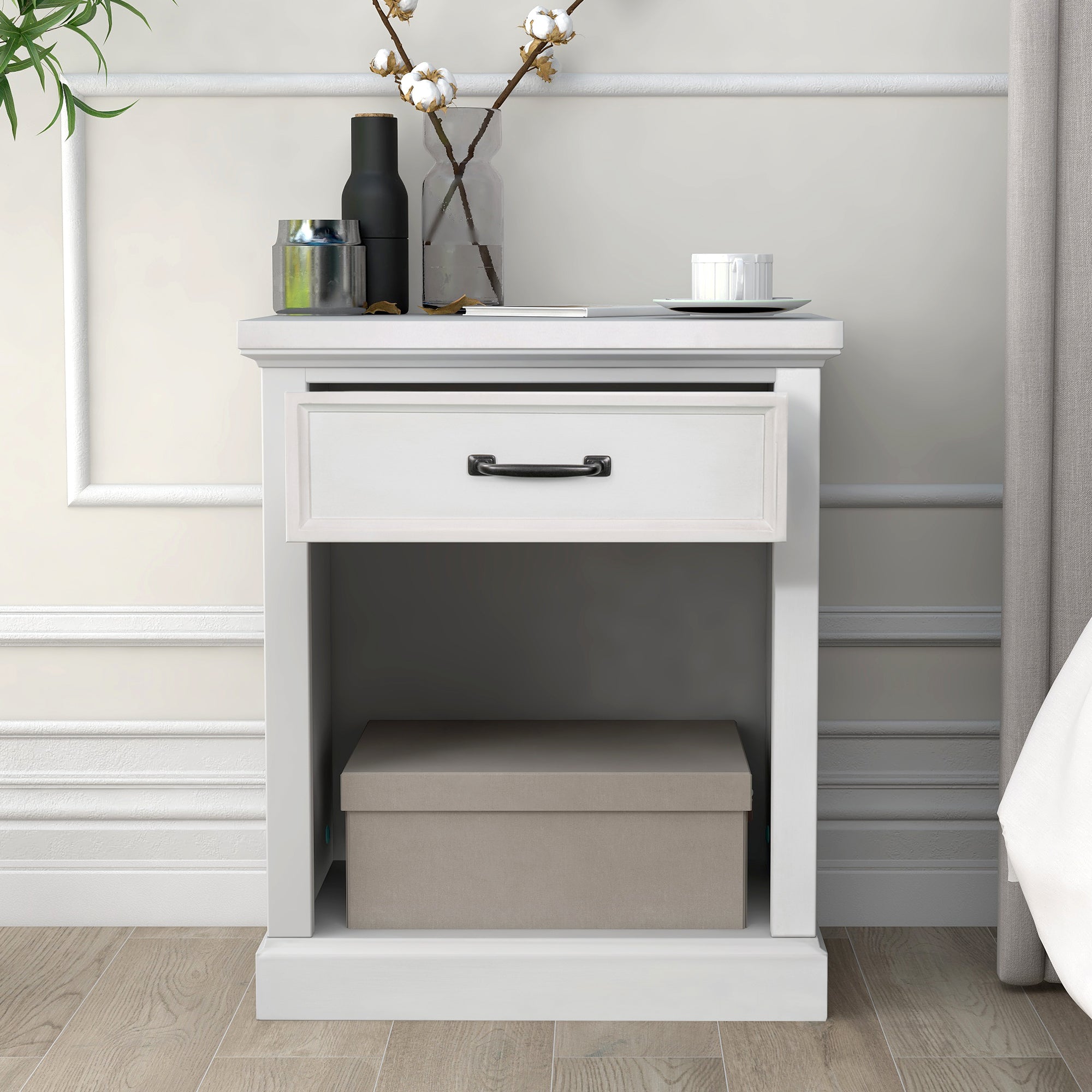 Wood 1-Drawer Nightstand with Exterior Shelves