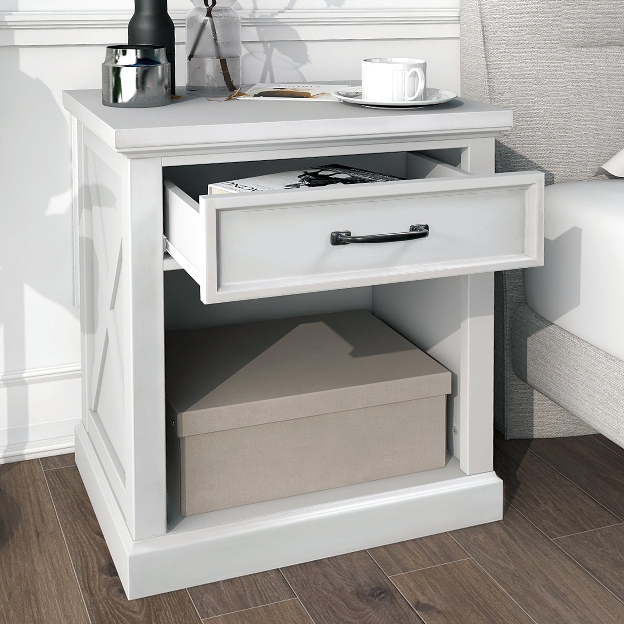 Wood 1-Drawer Nightstand with Exterior Shelves