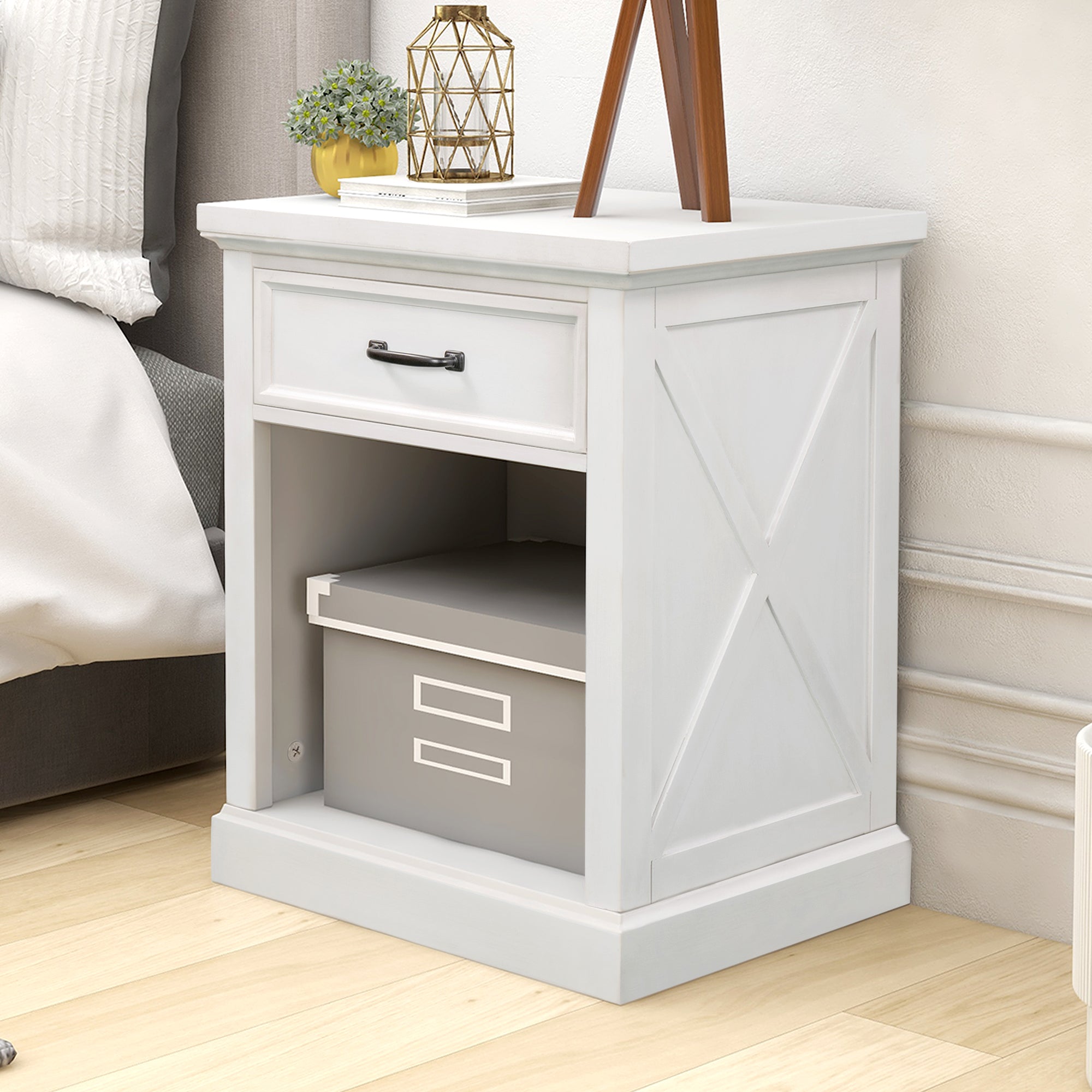 Wood 1-Drawer Nightstand with Exterior Shelves