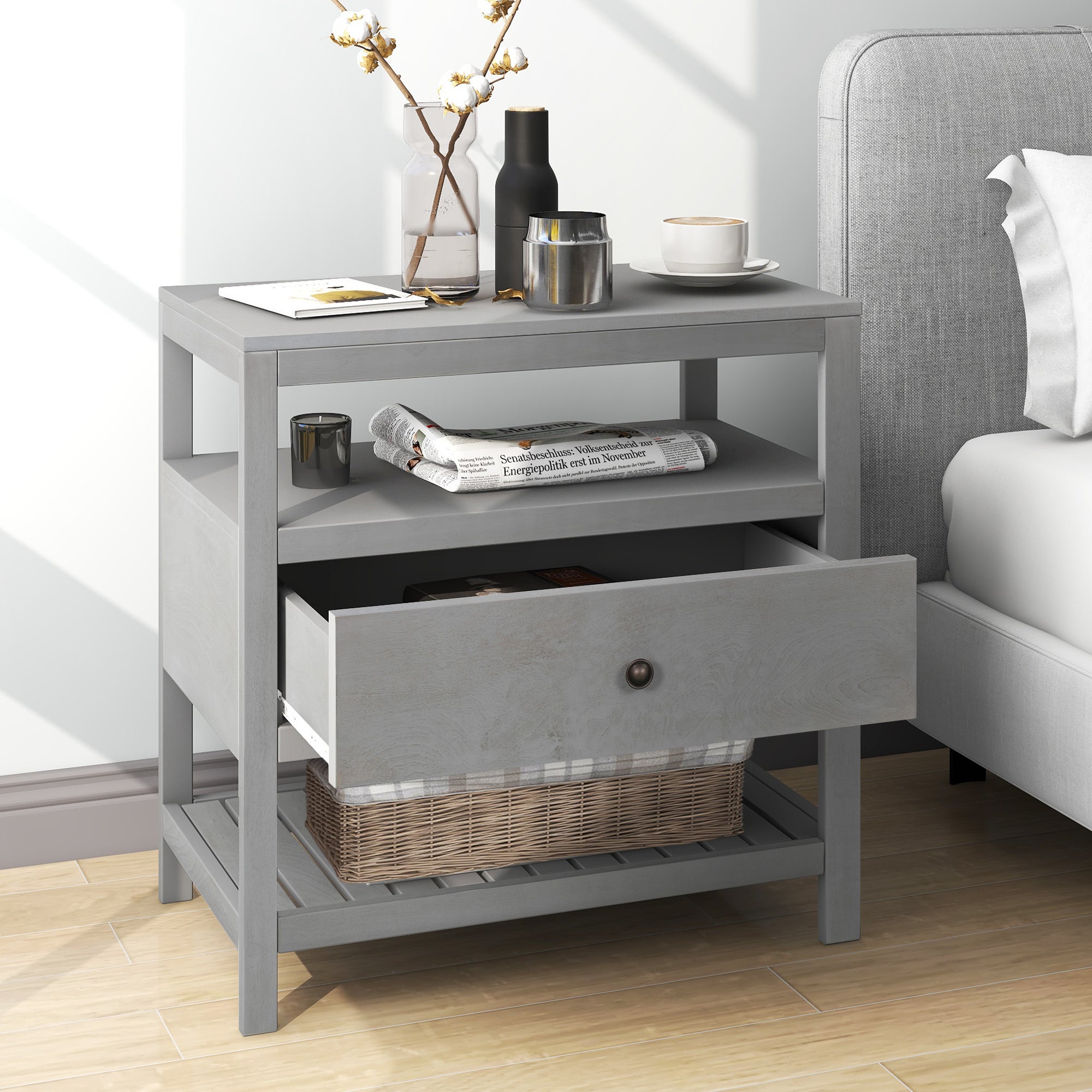 1-Drawer Wood Nightstand with Exterior Shelves