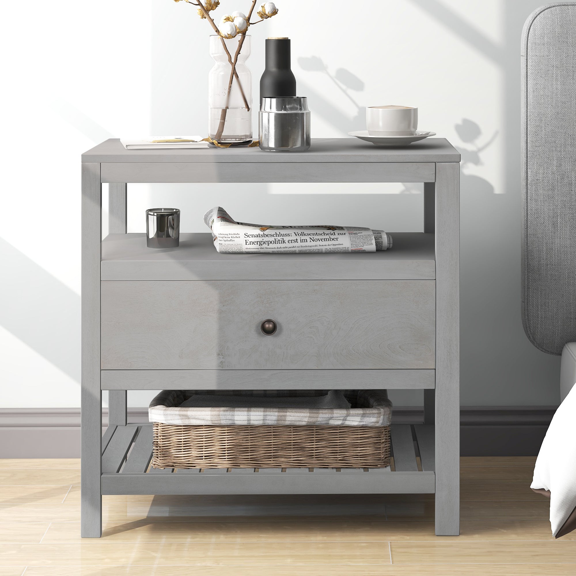 1-Drawer Wood Nightstand with Exterior Shelves