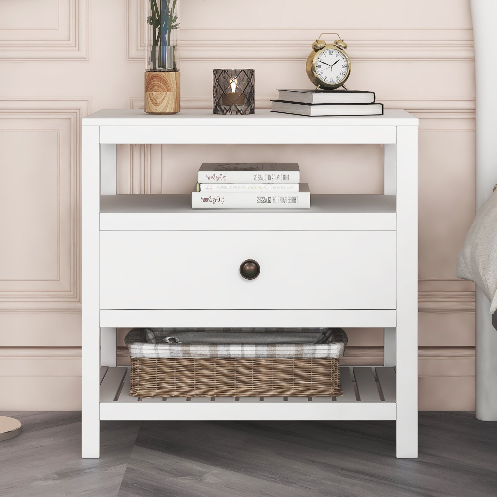 1-Drawer Wood Nightstand with Exterior Shelves