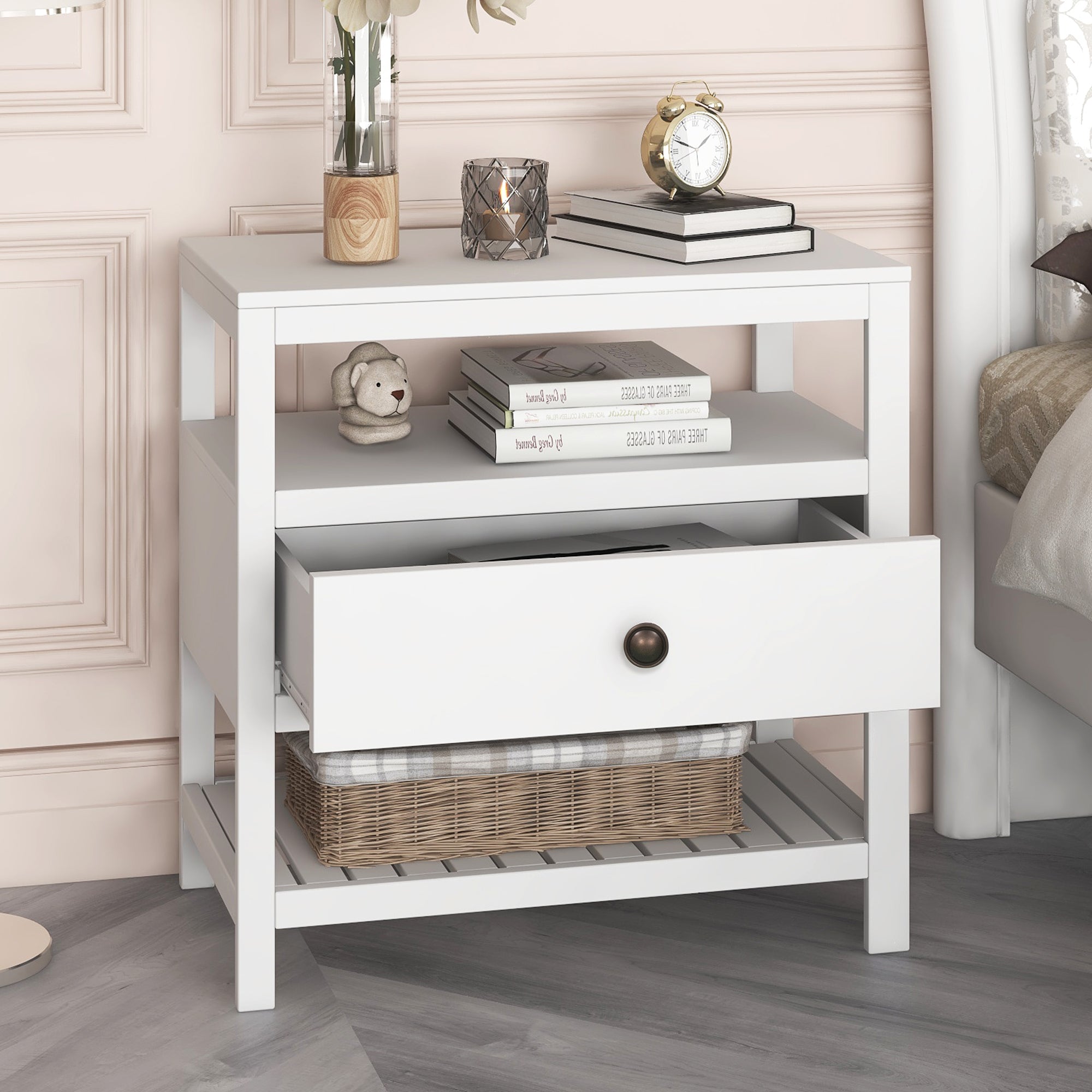 1-Drawer Wood Nightstand with Exterior Shelves