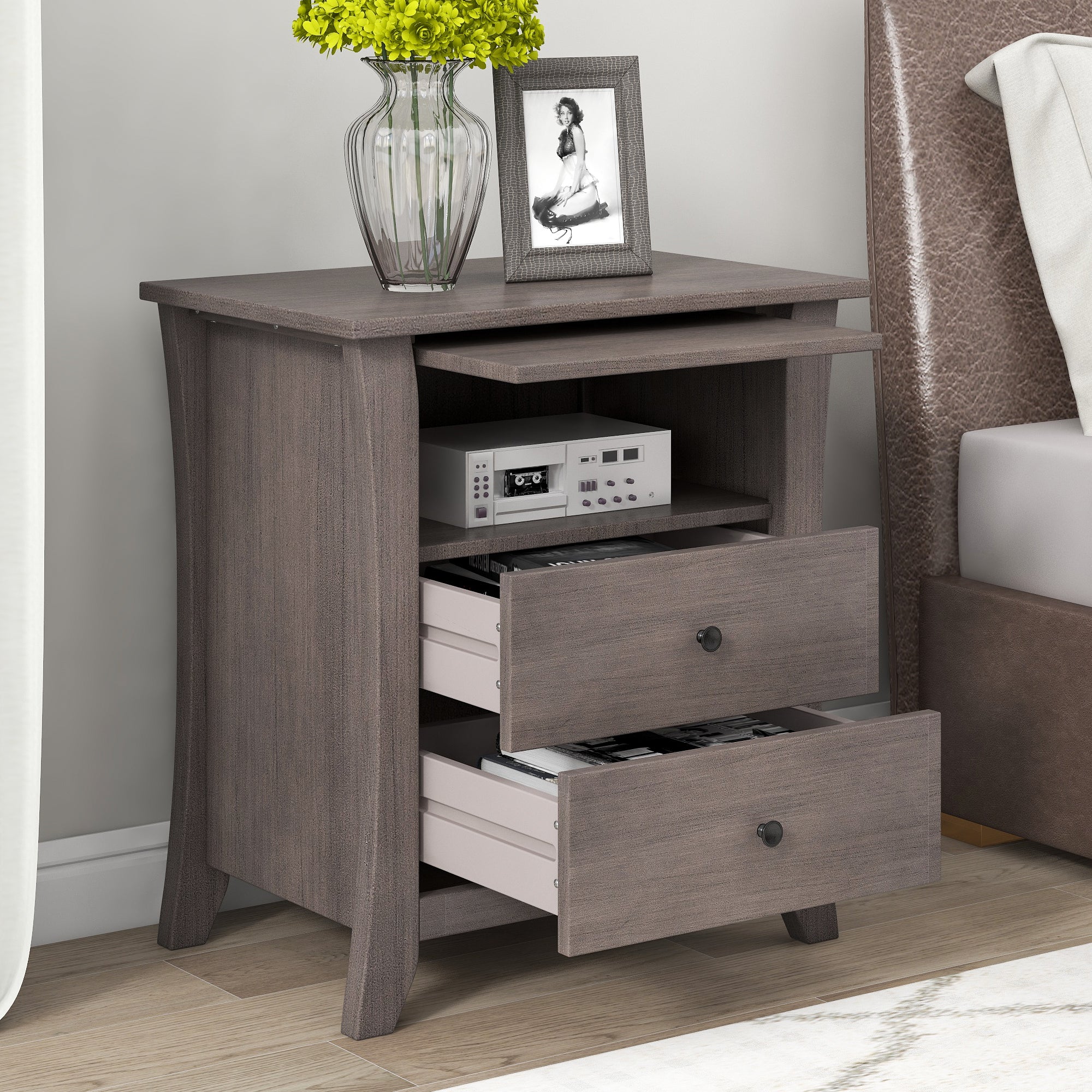 2-Drawer Wood Nightstand with Exterior Shelves