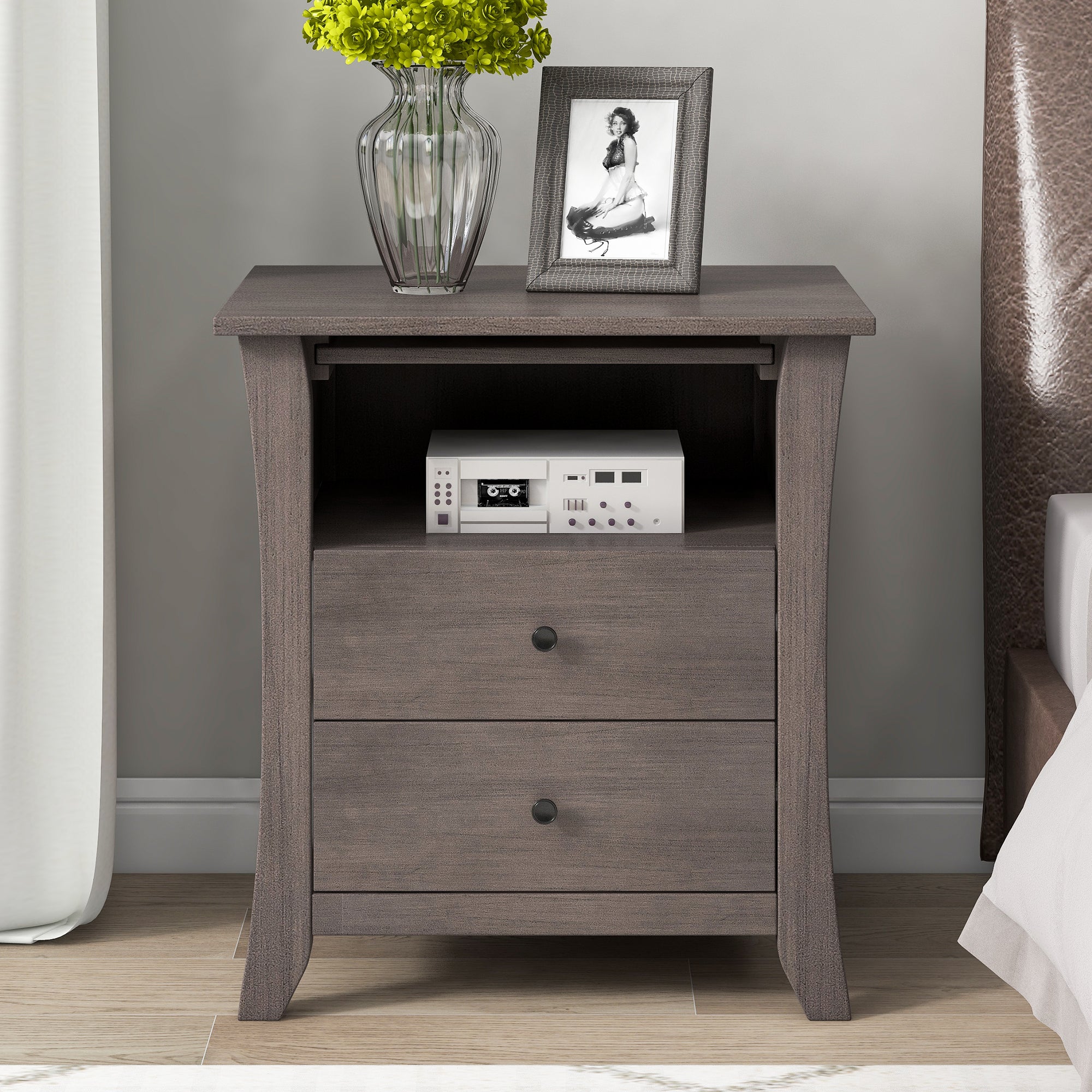 2-Drawer Wood Nightstand with Exterior Shelves