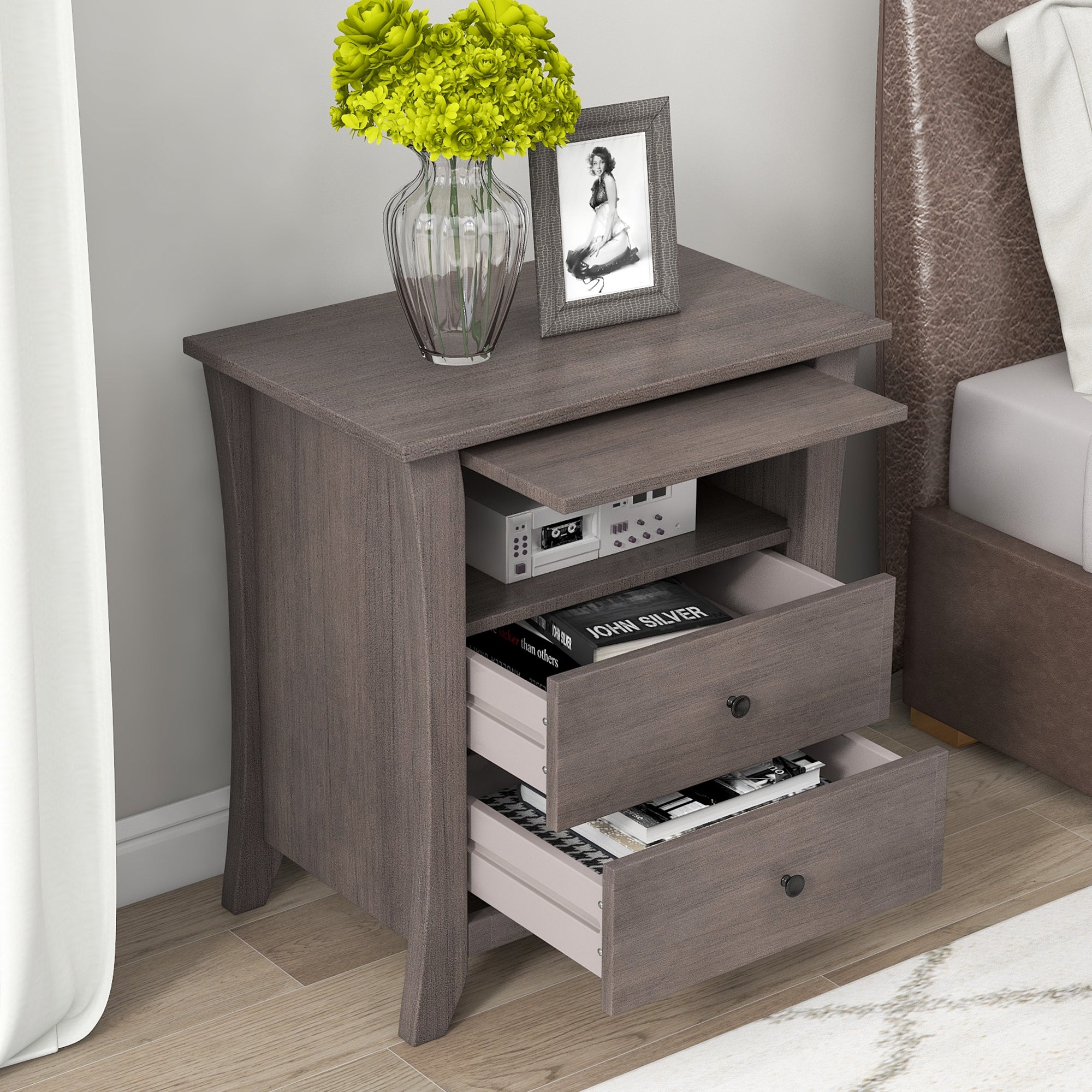 2-Drawer Wood Nightstand with Exterior Shelves