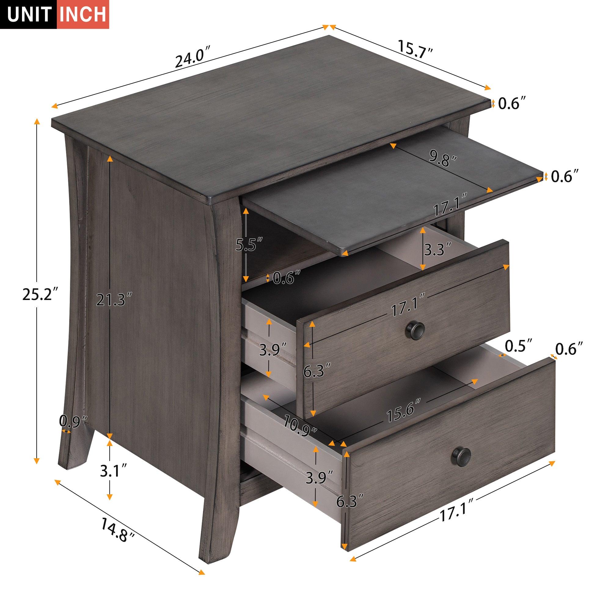 2-Drawer Wood Nightstand with Exterior Shelves